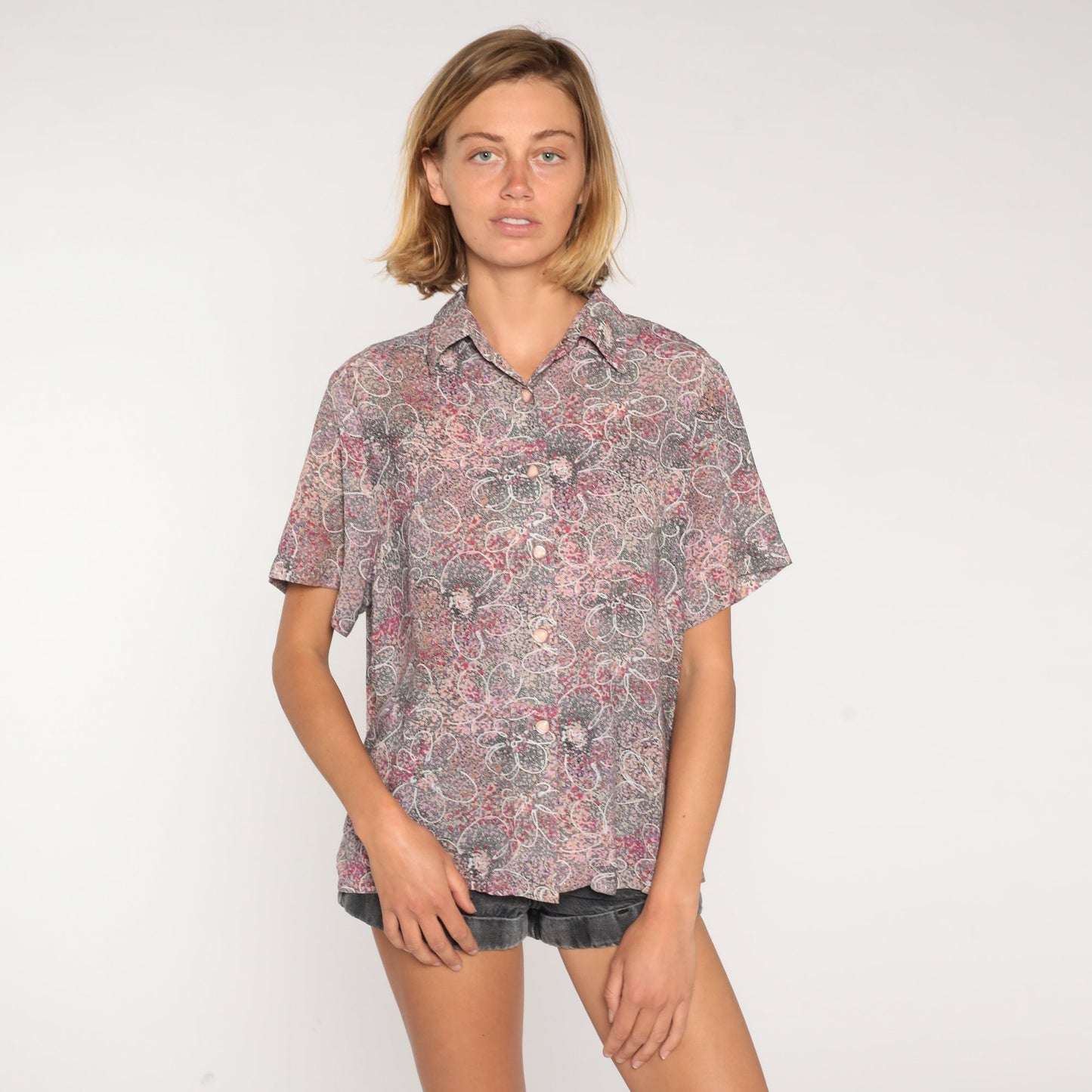 90s Floral Metallic Button-Up Blouse Short Sleeve Collared Shirt Large L