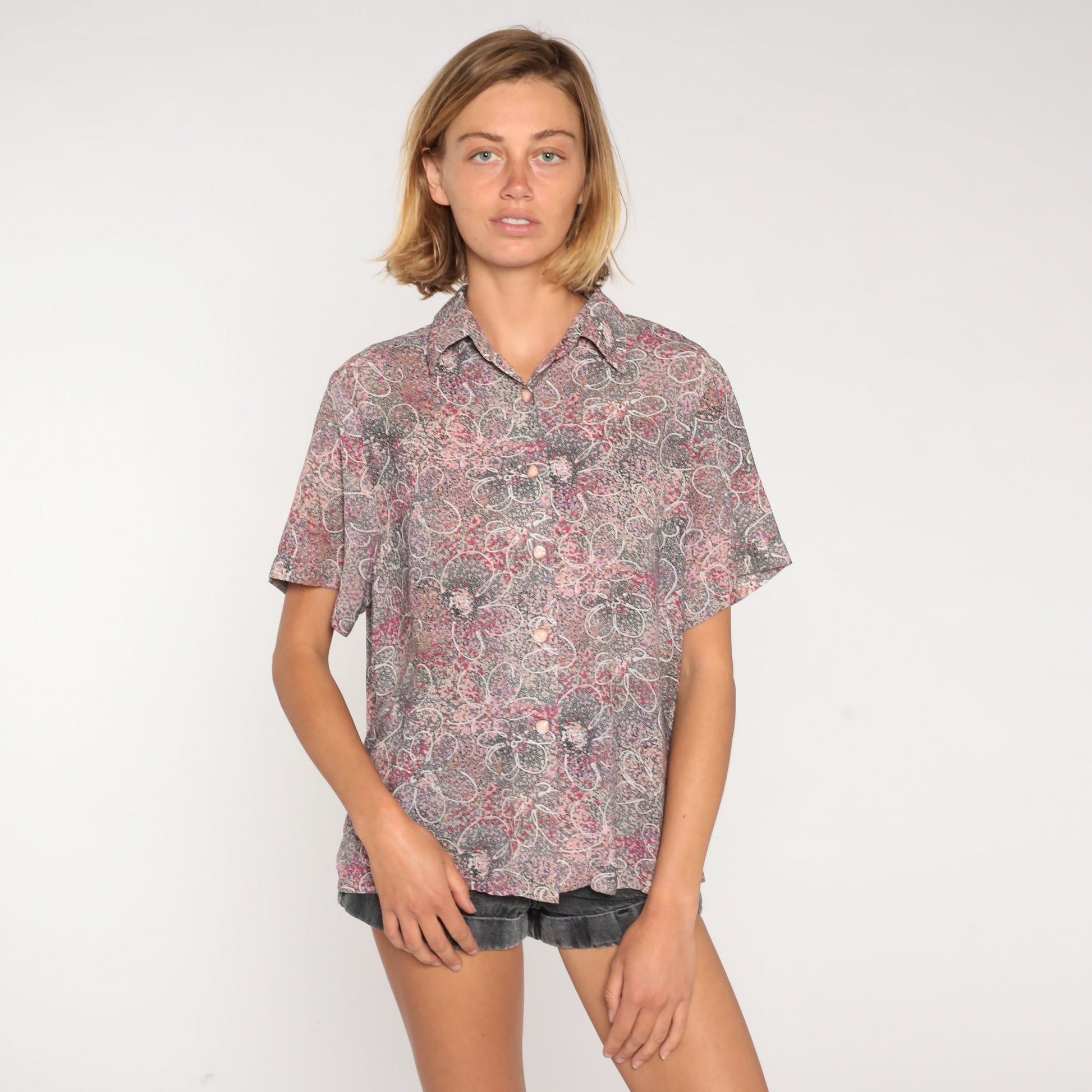 90s Floral Metallic Button-Up Blouse Short Sleeve Collared Shirt Large L