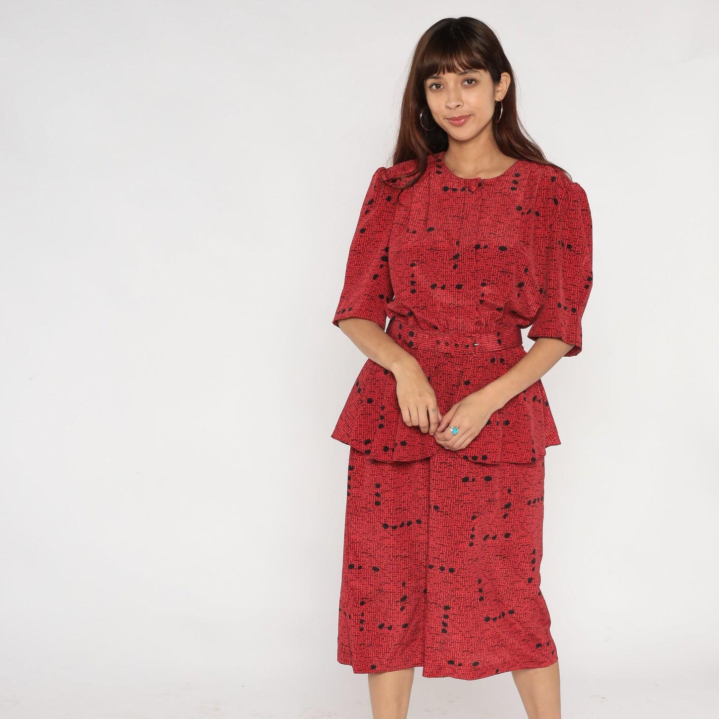 80s Red Speckled Dot Print Peplum Dress Puff Sleeve High Waist Midi Large