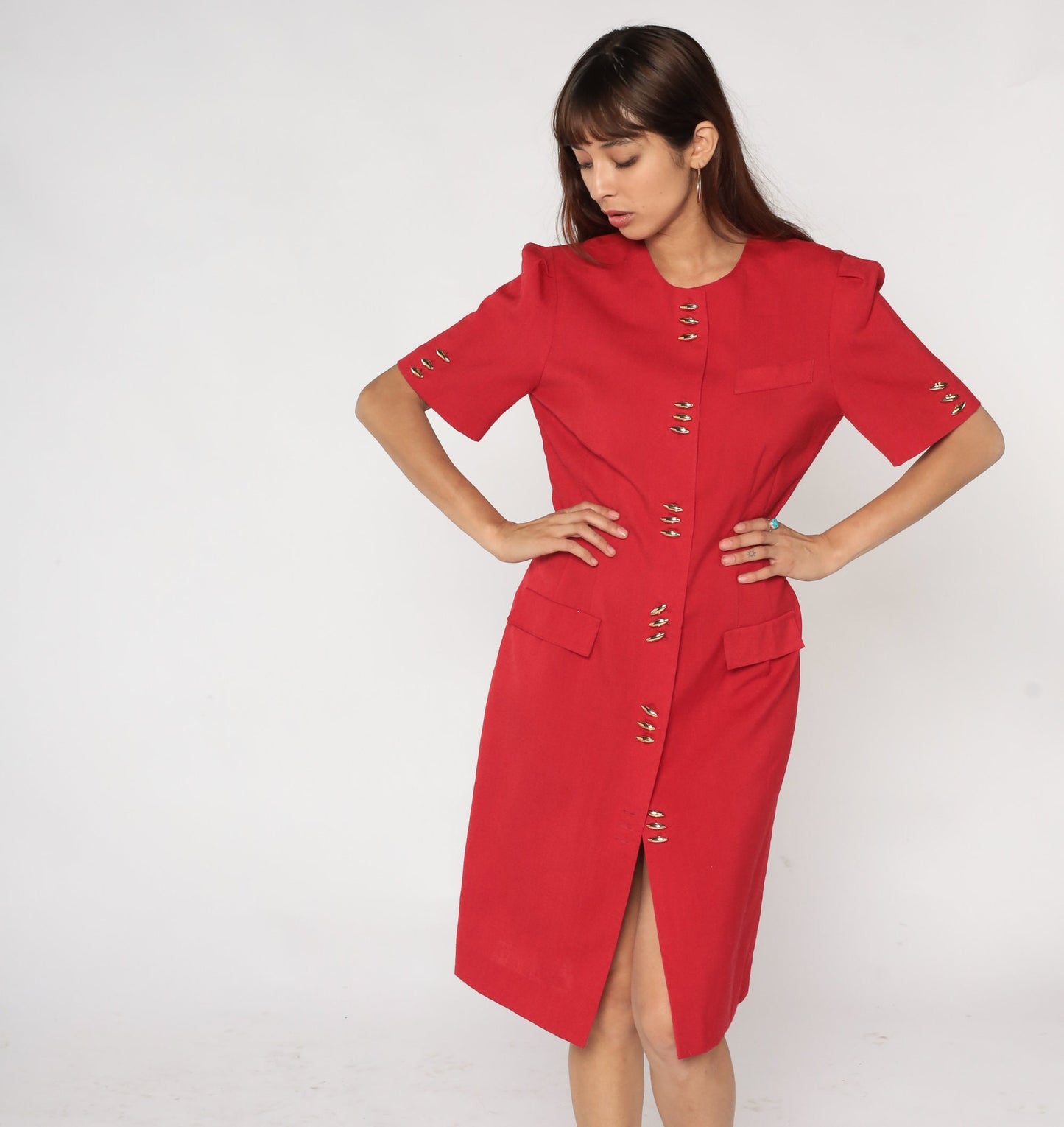 80s Leslie Fay Red Midi Sheath Dress Gold Buttons Puff Sleeve Medium