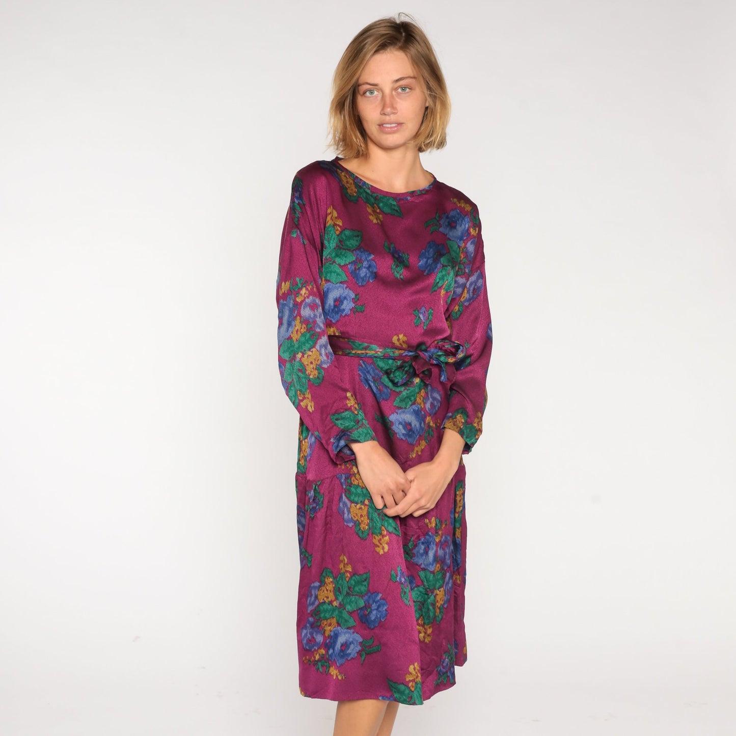 90s Purple Floral Midi Dress Long Sleeve Tie Belt Medium