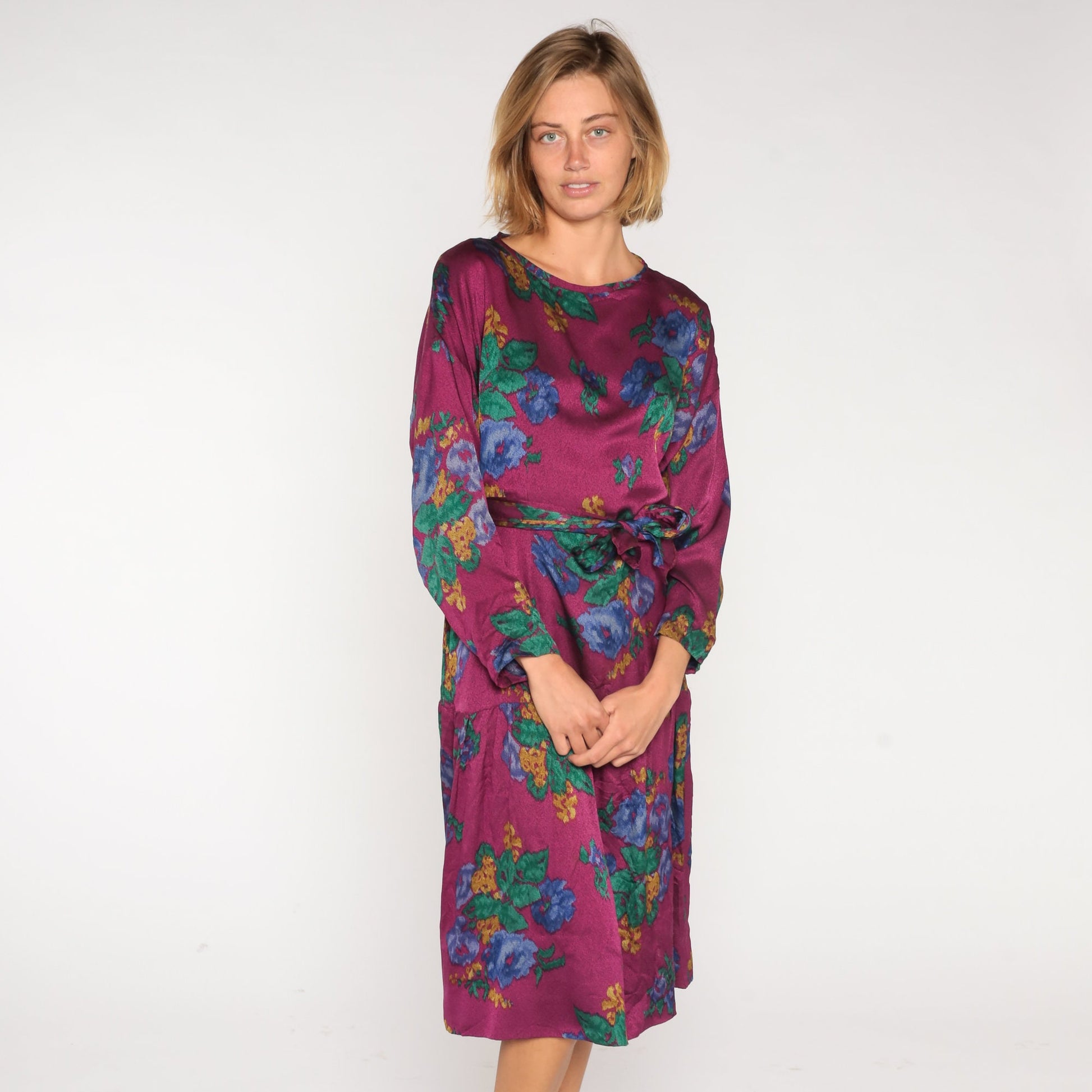 90s Purple Floral Midi Dress Long Sleeve Tie Belt Medium