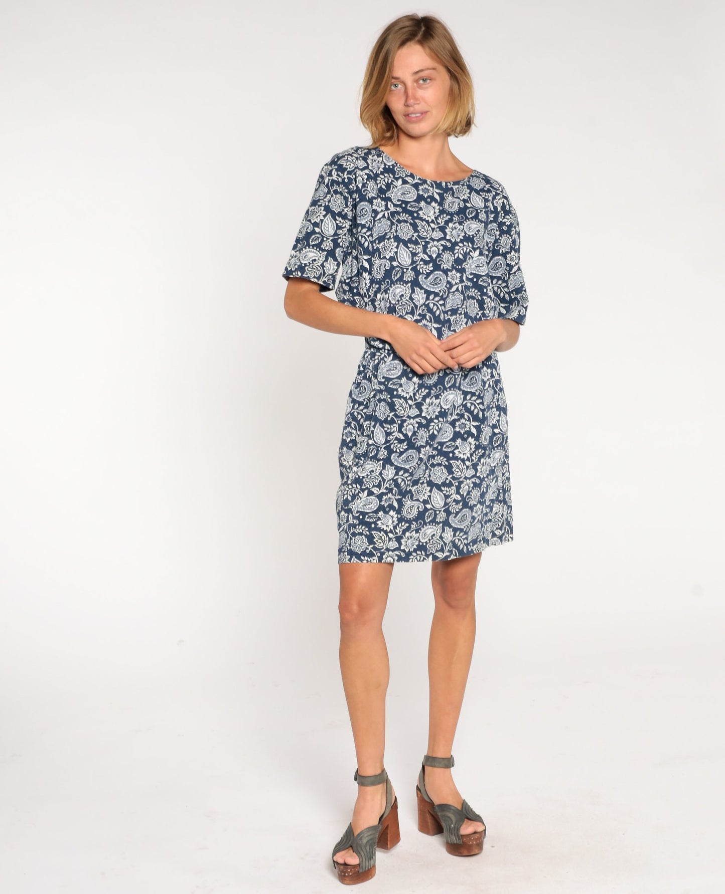 00s Blue Paisley Floral Mini Dress High Waist Cotton Short Sleeve Medium M