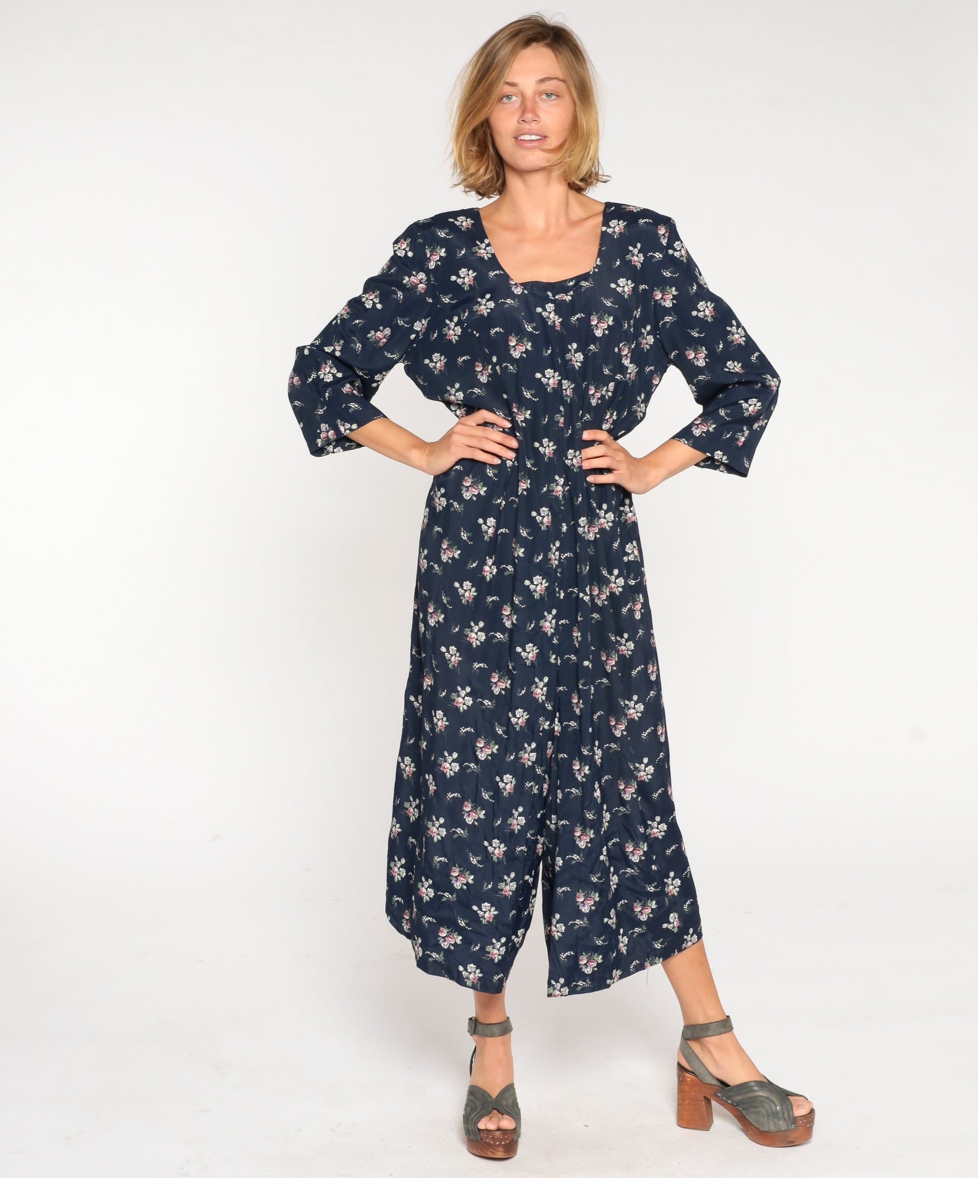 90s Navy Floral Wide Leg Jumpsuit Long Sleeve Rear Zipper Plus Size XXL