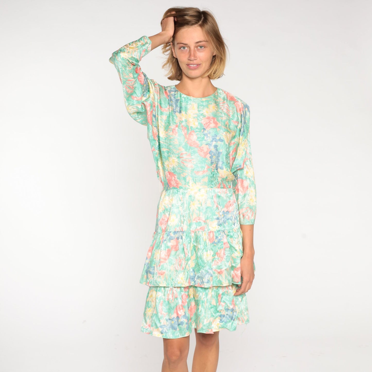 80s Silk Floral Mini Dress Green Print High Waist Tiered Long Sleeve Small 6