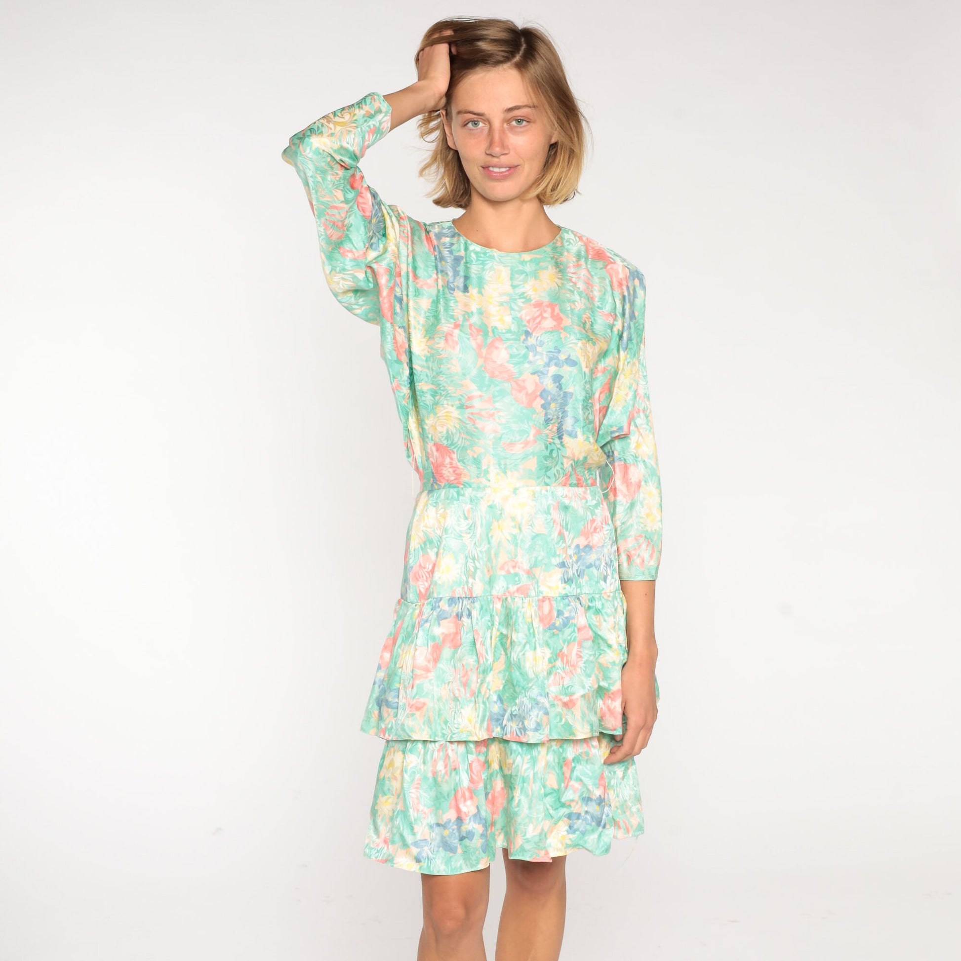 80s Silk Floral Mini Dress Green Print High Waist Tiered Long Sleeve Small 6