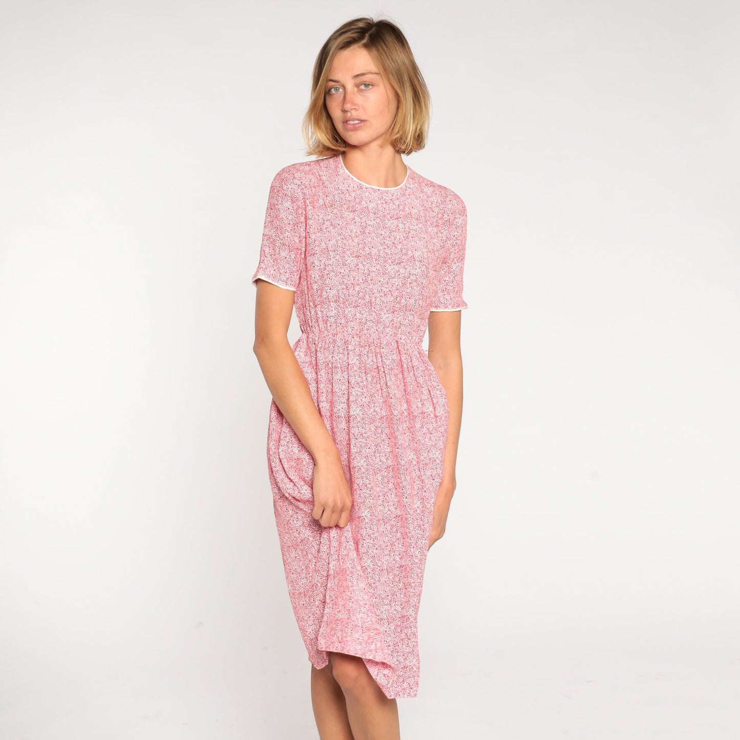 80s Red Abstract Print Knee-Length Dress High Waist Short Sleeve Extra Small