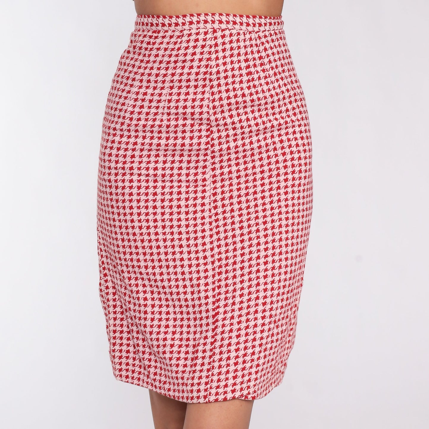 60s Red Houndstooth Pencil Mini Skirt High Waist Checkered Extra Small XS