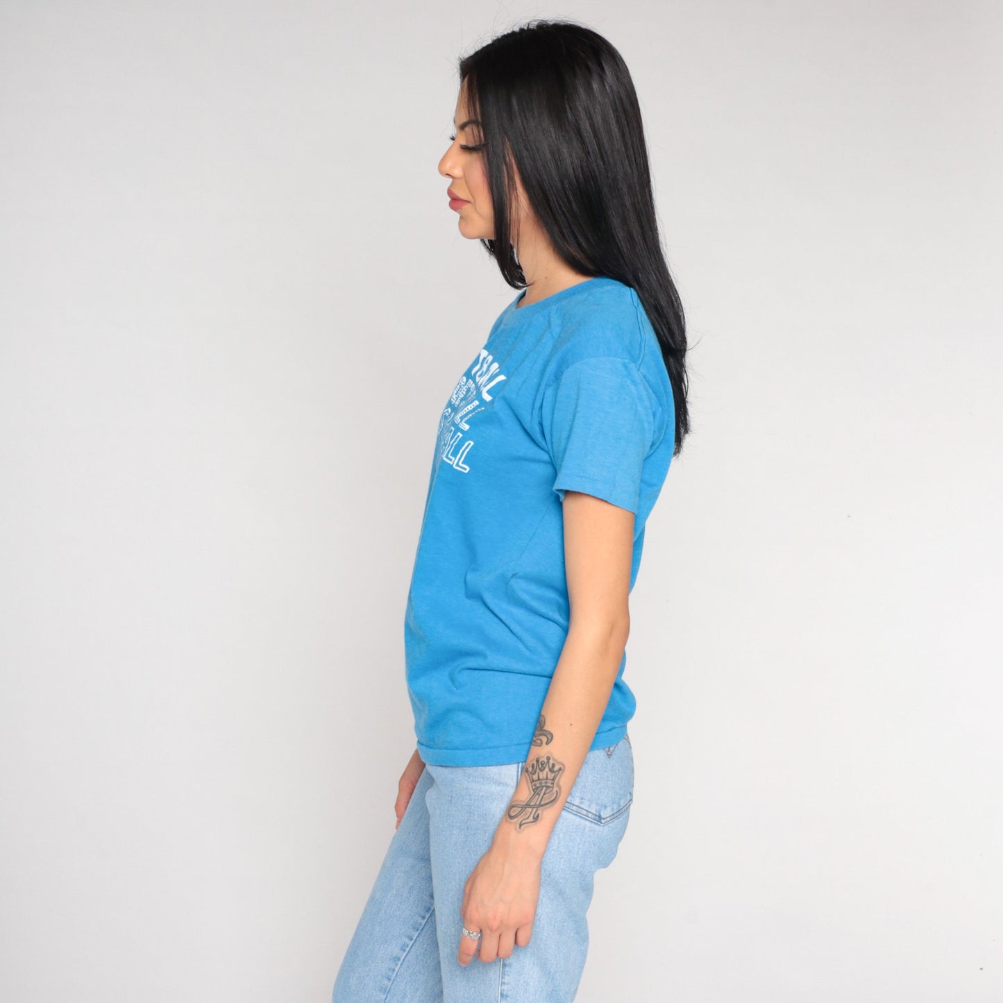 80s Softball Graphic T-Shirt Blue Single Stitch Crewneck Medium