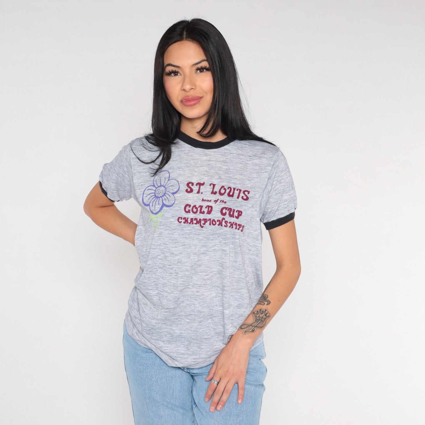 80s St Louis Gold Cup Championships Ringer Tee Shirt Graphic Medium