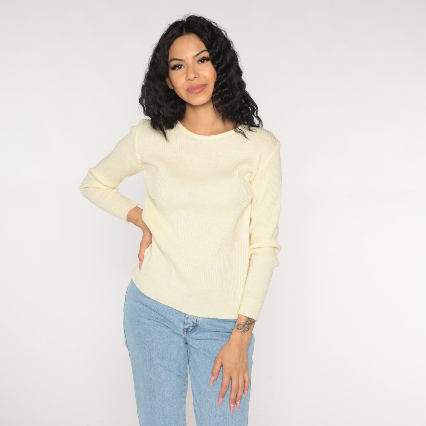 70s Cream Ribbed Knit Crewneck Pullover Sweater Small Medium