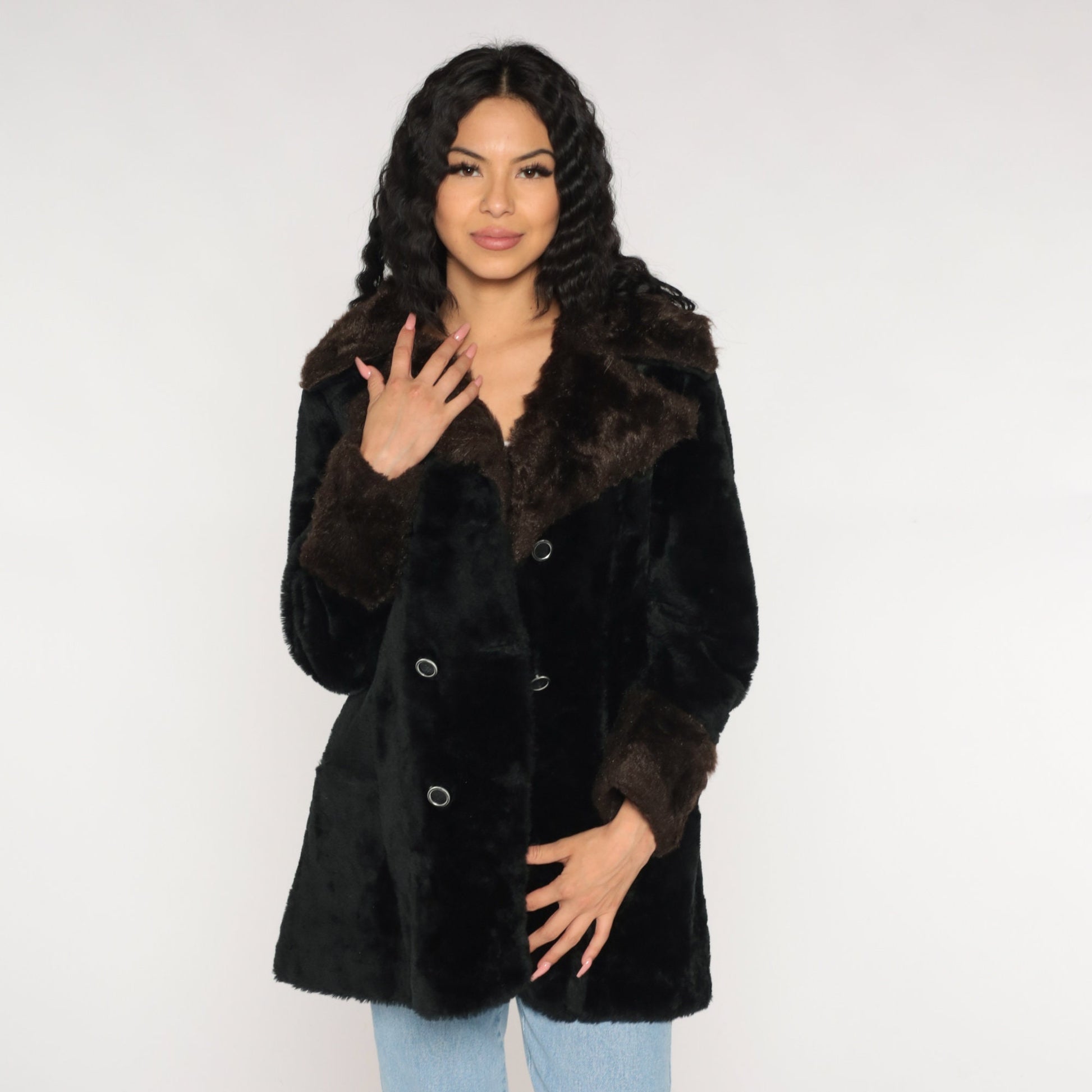 70s Black Faux Fur Coat Double Breasted Collar Brown Trim Small