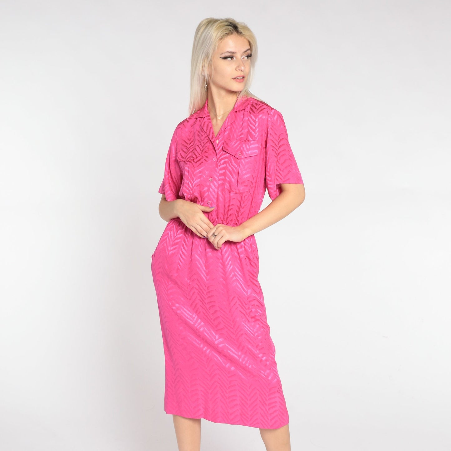 90s Liz Claiborne Hot Pink Silk Midi Dress Embossed Chevron Shirtwaist Small