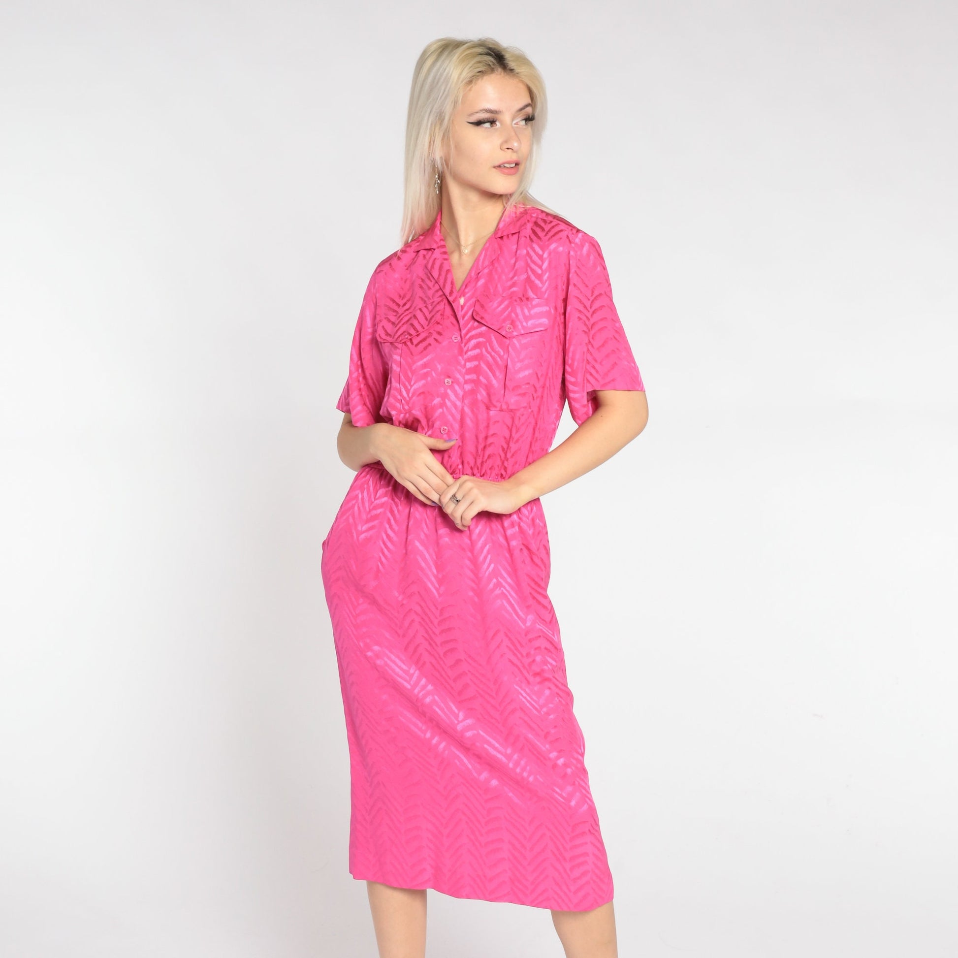90s Liz Claiborne Hot Pink Silk Midi Dress Embossed Chevron Shirtwaist Small