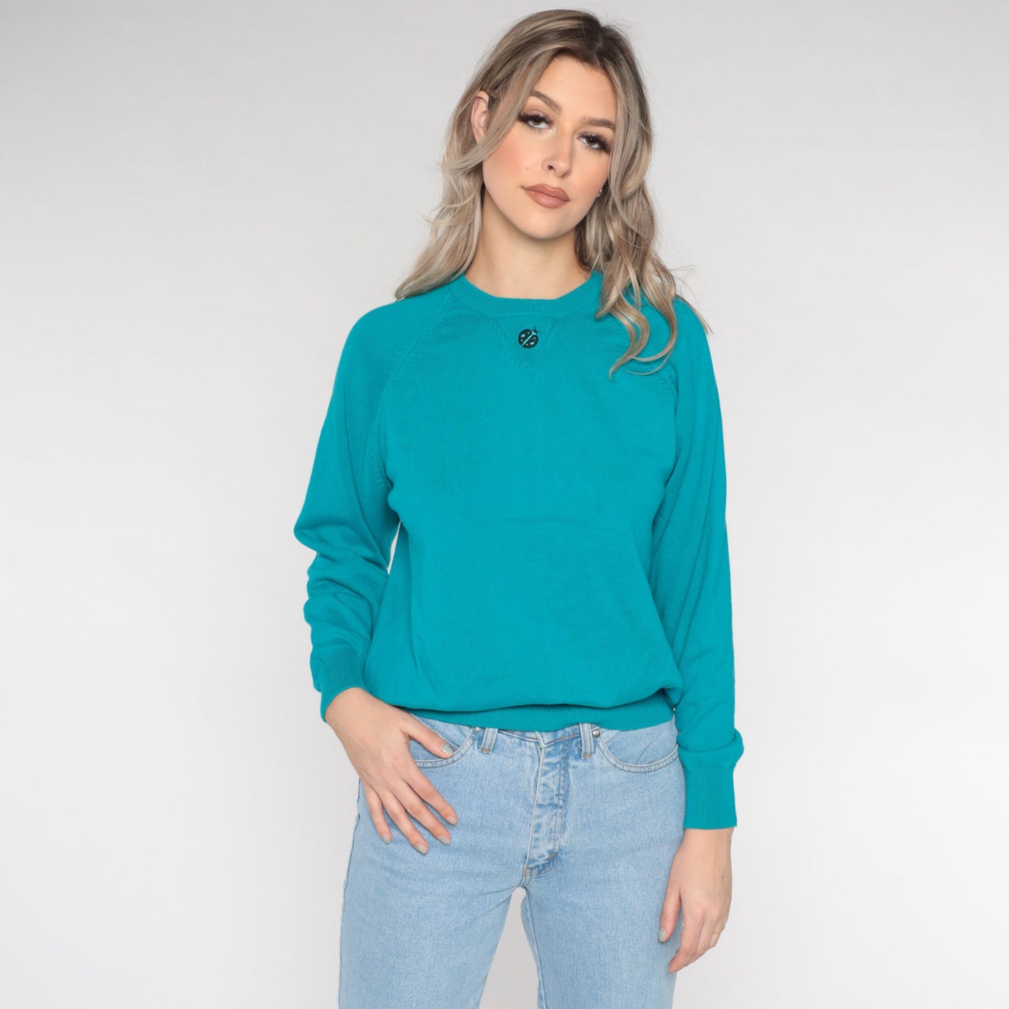 90s Teal Cotton Knit Sweater Ladybug Embroidered Raglan Crewneck Medium
