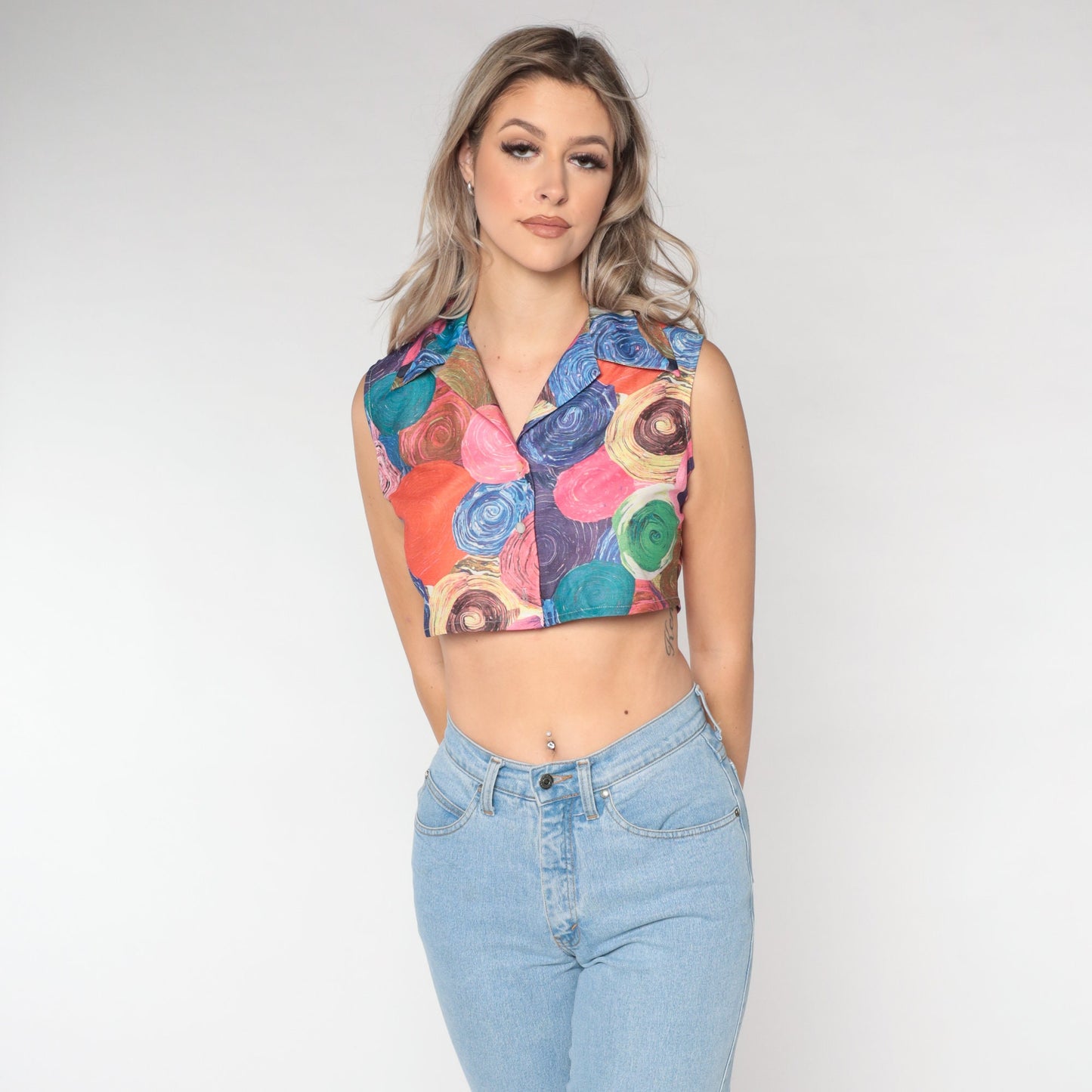 70s Swirl Print Sleeveless Crop Top Button-Up Shirt Small S