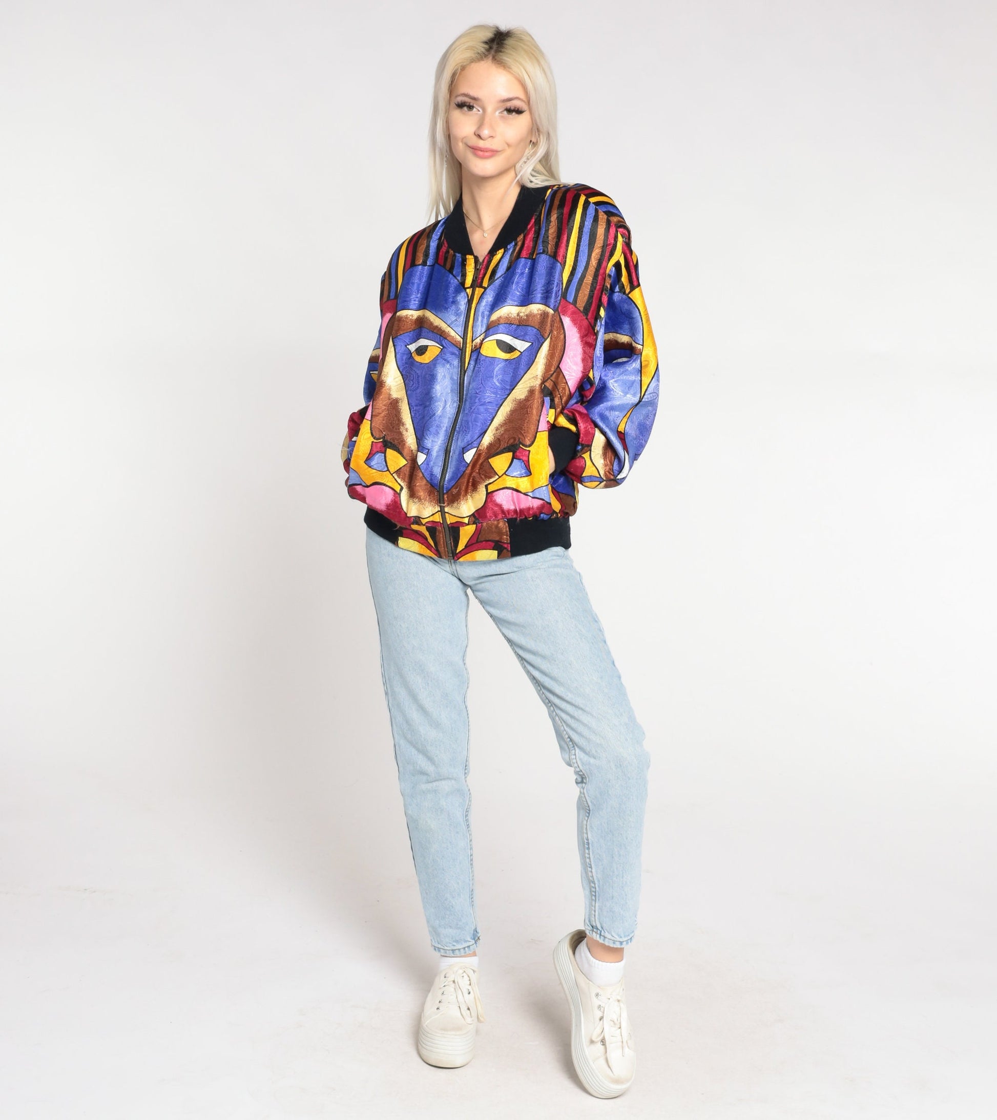 90s Psychedelic Face Print Zip Bomber Jacket Medium Large
