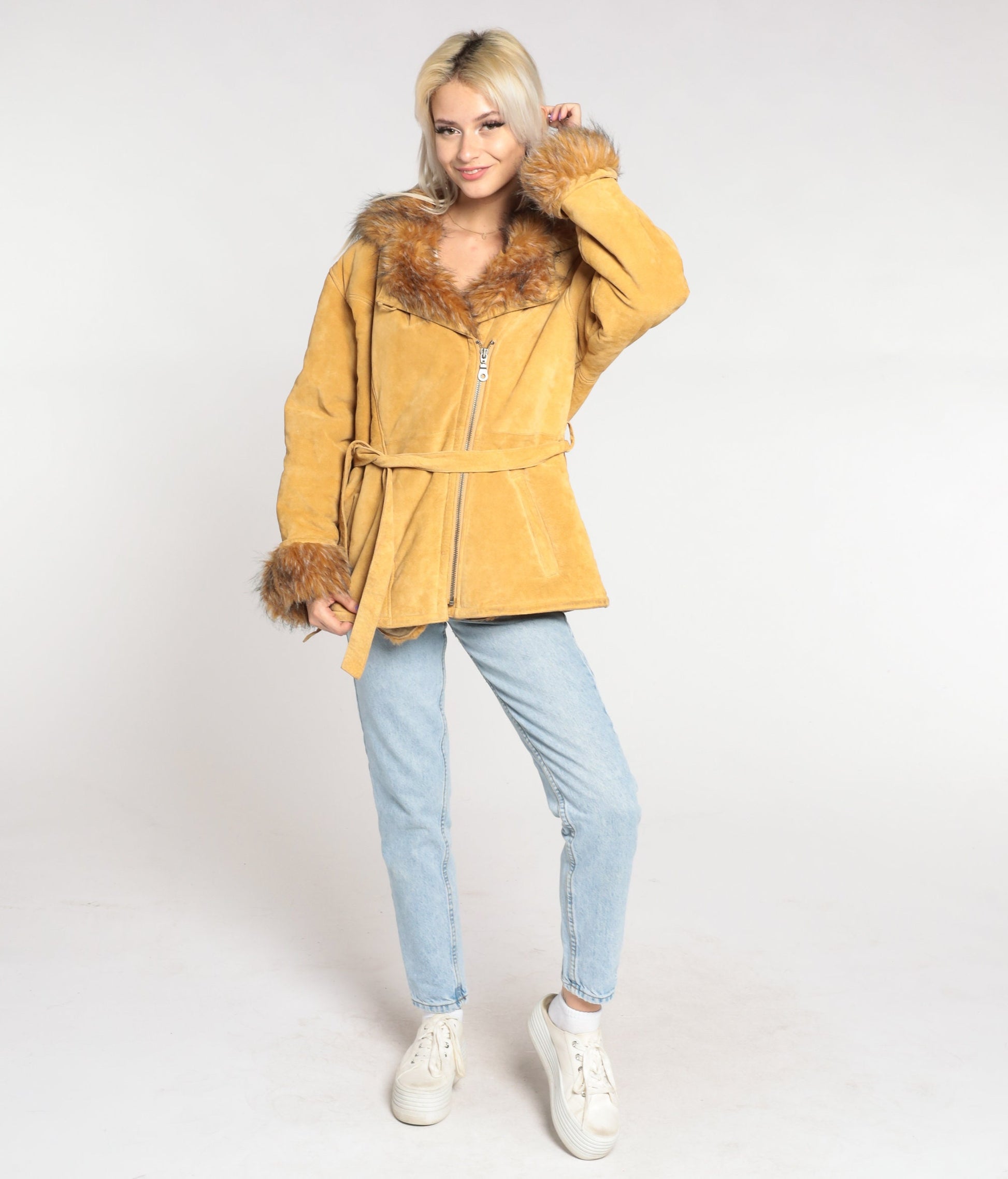 70s Suede Hooded Jacket Faux Fur Trim Belted Tan Leather Large L