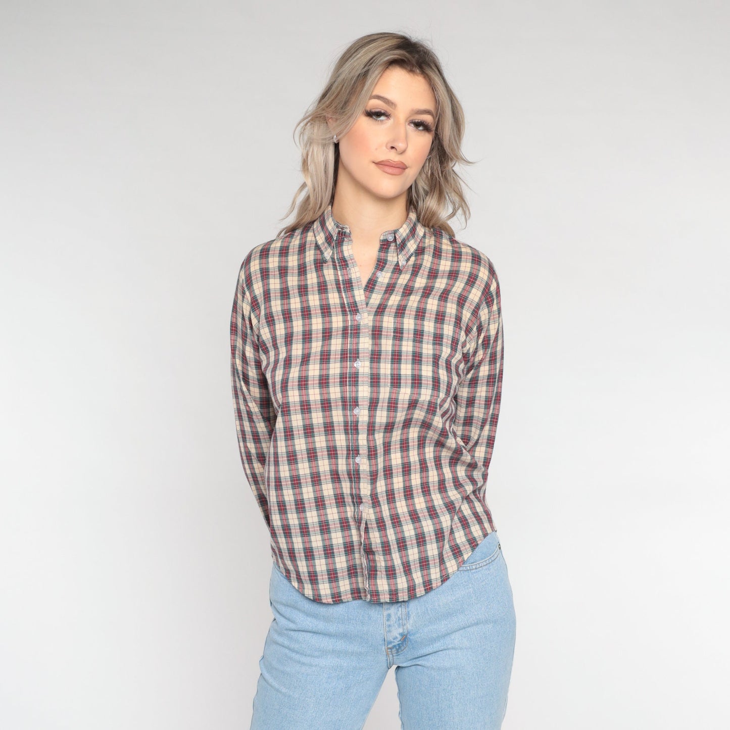 80s Plaid Button-Up Blouse Tan Red Green Checkered Long Sleeve Large