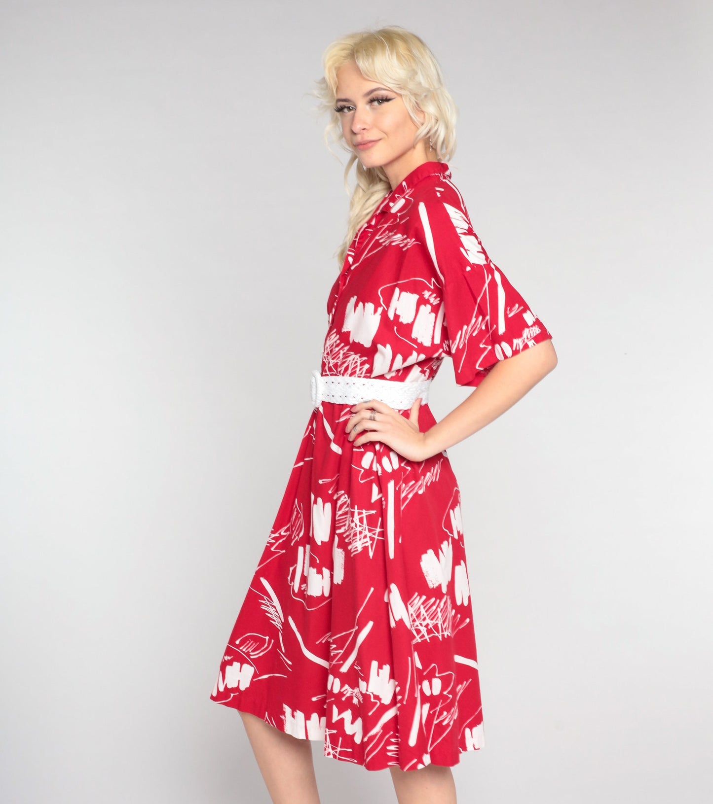 80s Brushstroke Print Midi Shirt Dress High Waist Button Up Red White Medium