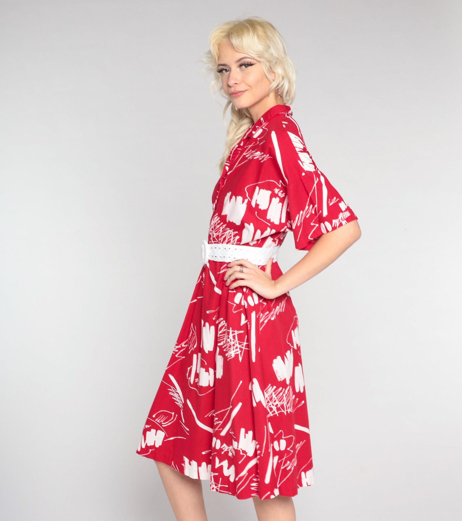 80s Brushstroke Print Midi Shirt Dress High Waist Button Up Red White Medium