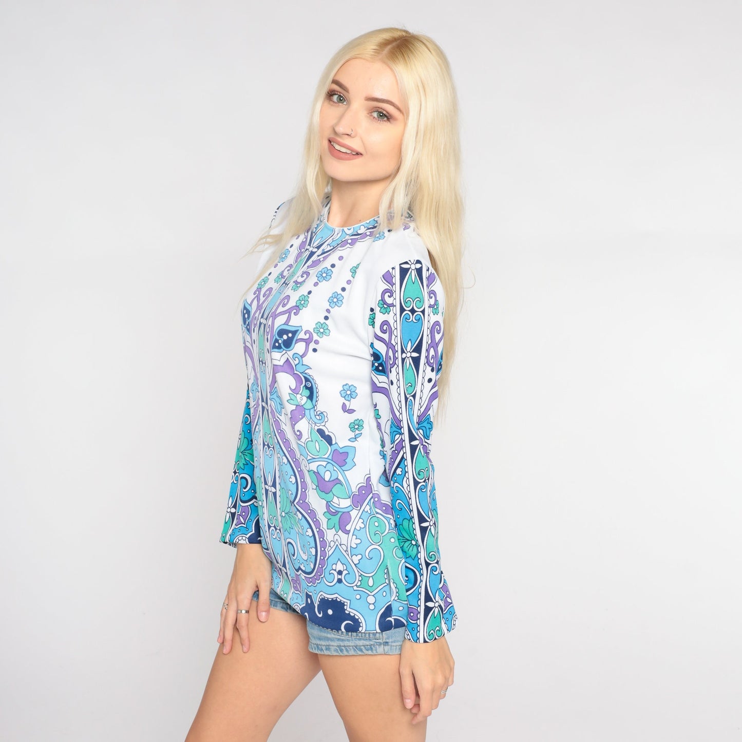 70s Floral Heart Swirl Print Blouse Long Sleeve White Blue Purple Small