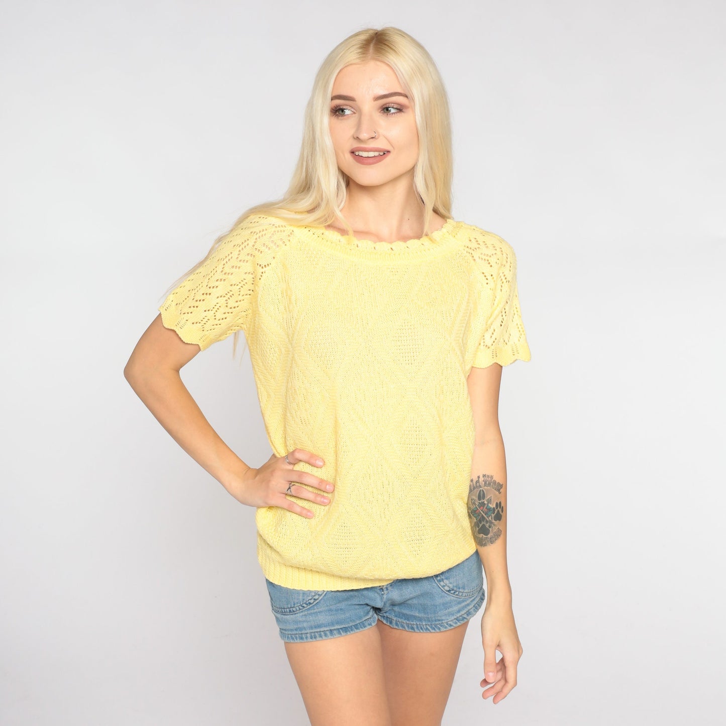 80s Yellow Knit Top Diamond Pointelle Cutout Crochet Raglan Large L