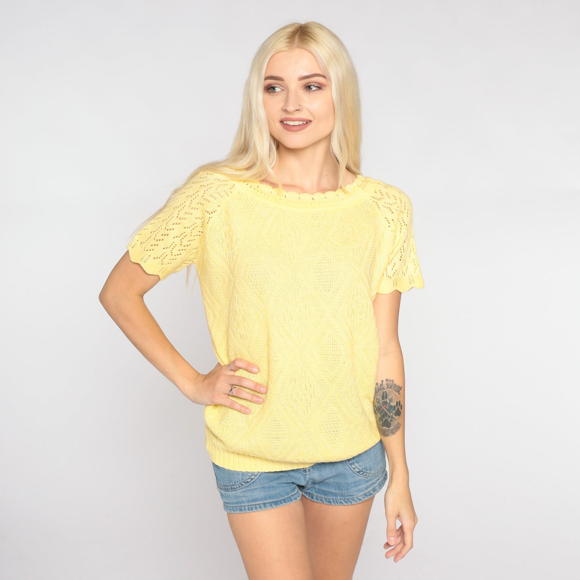 80s Yellow Knit Top Diamond Pointelle Cutout Crochet Raglan Large L