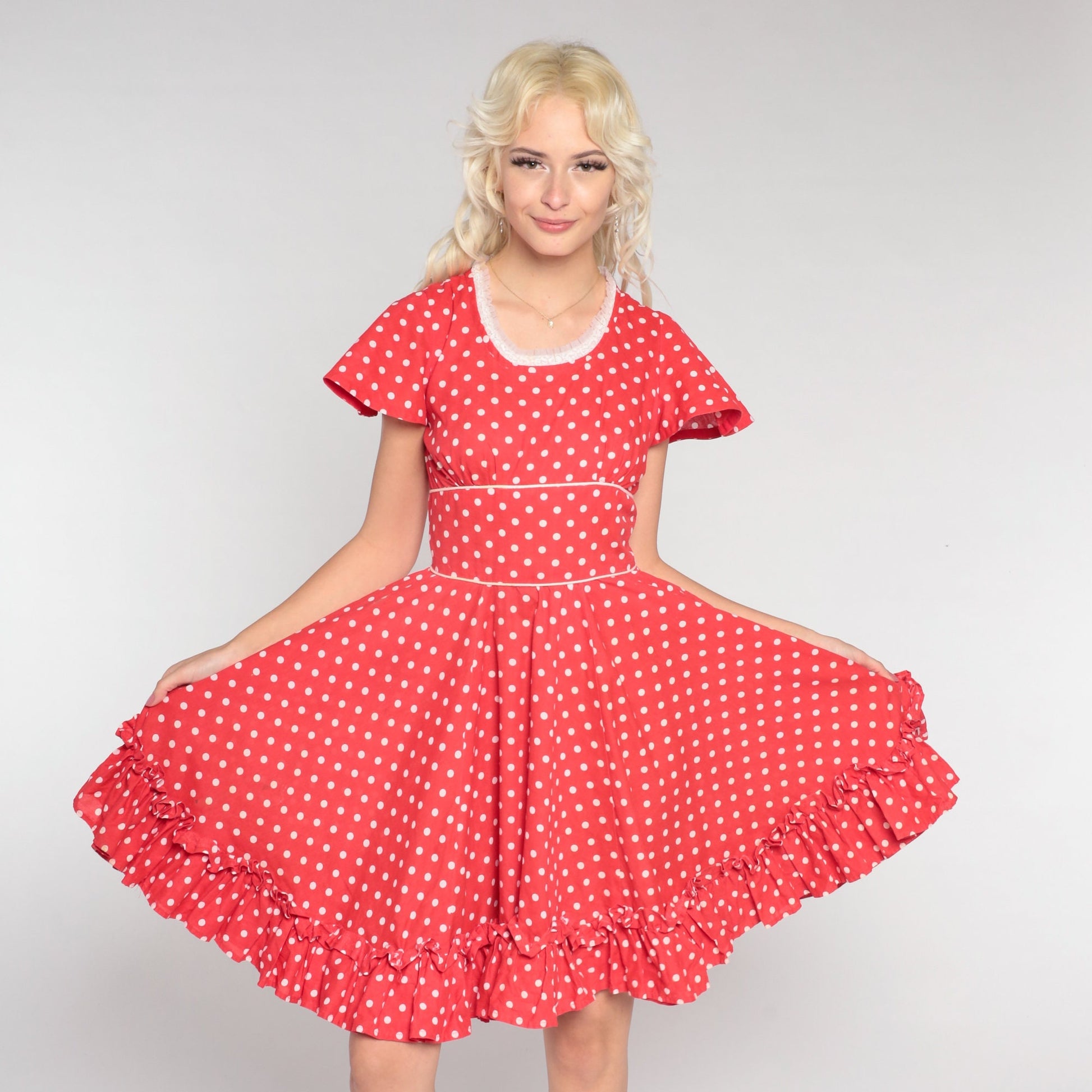 70s Red Polka Dot Mini Dress Flutter Sleeve Full Skirt High Waist Extra Small