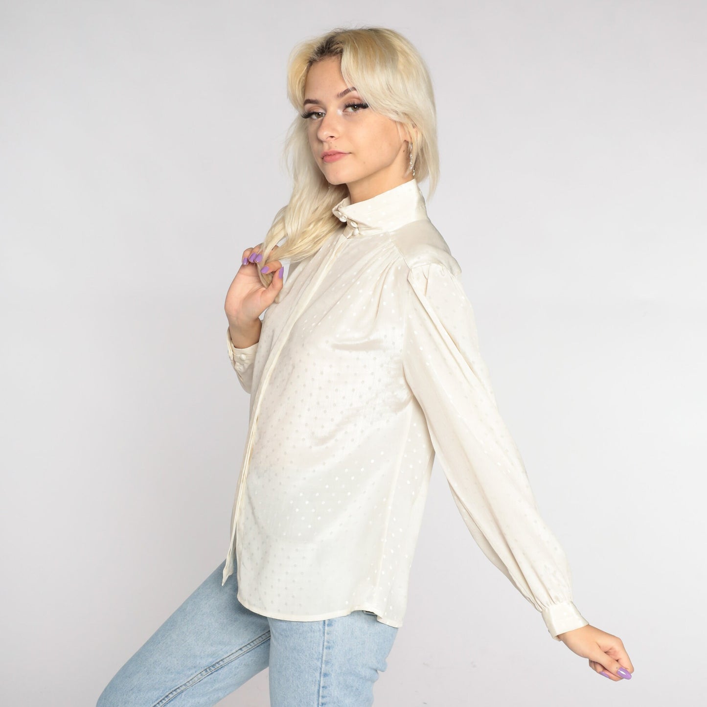 80s Cream Embossed Polka Dot Puff Sleeve Blouse Mock Neck Button Up Large