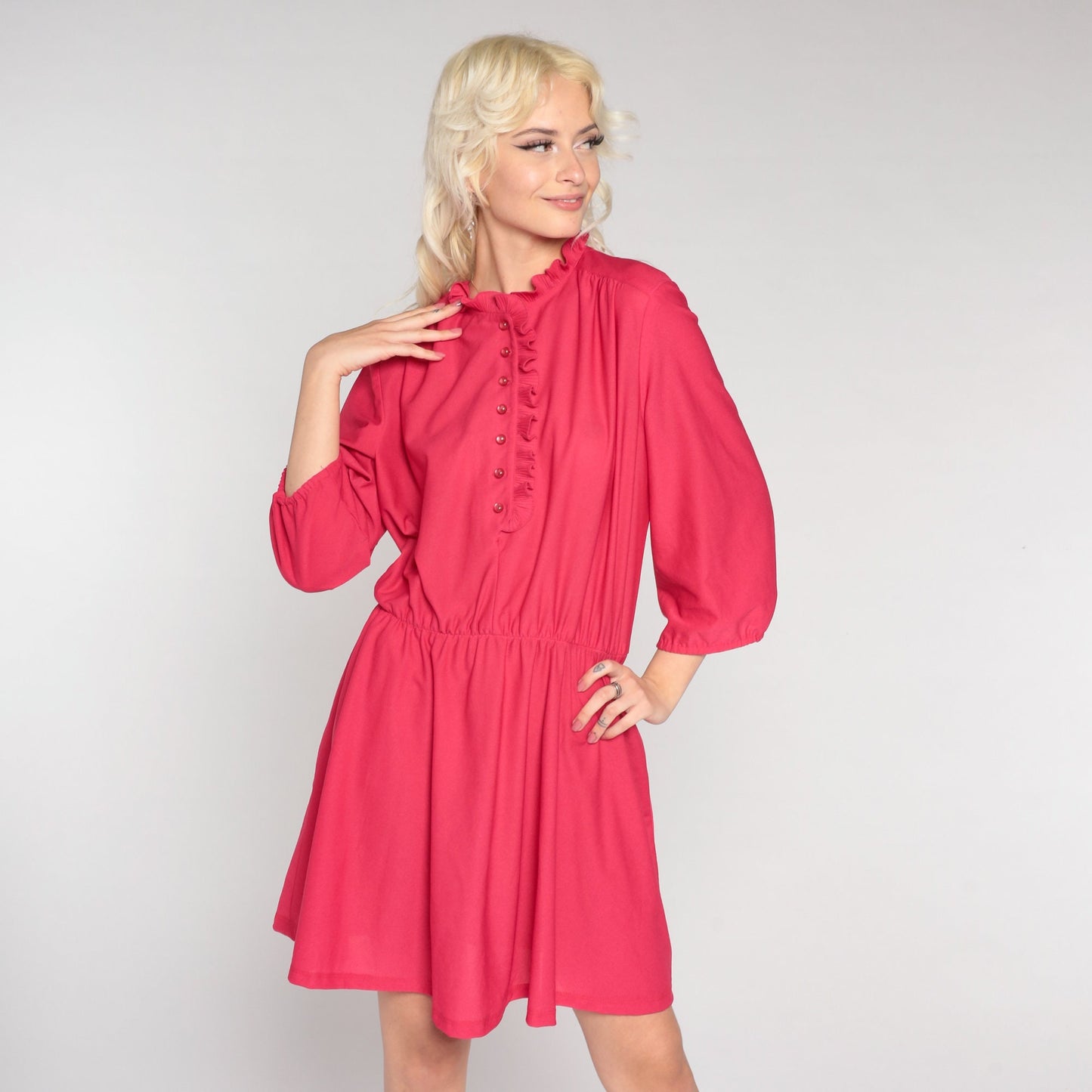 80s Bright Pink Shirtwaist Mini Dress Ruffle Collar Button-Up 3/4 Sleeve Large