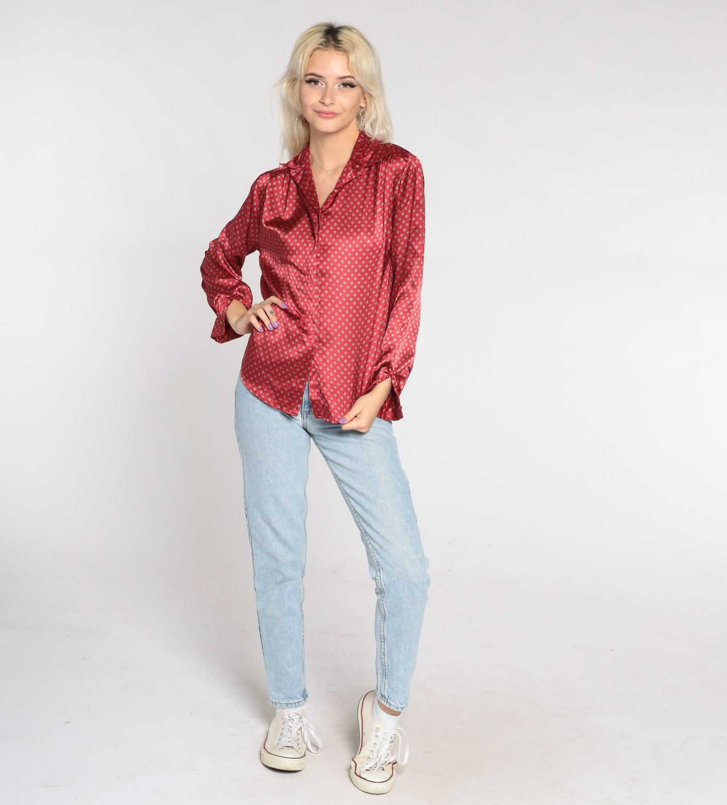 90s Red Satin Geometric Button-Up Blouse Long Sleeve Small
