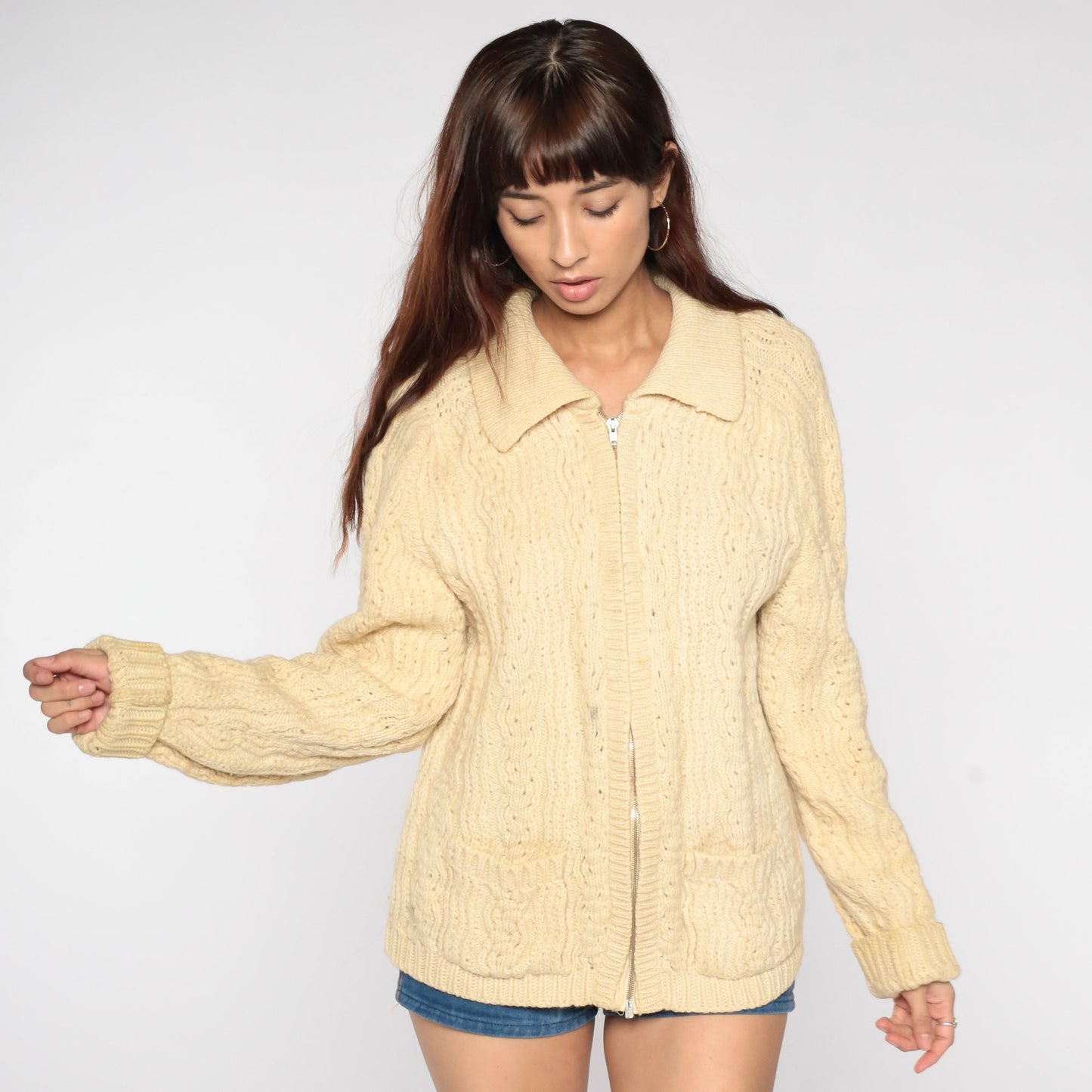 70s Cream Wool Cable Knit Cardigan Zip-Up Fisherman Sweater Large