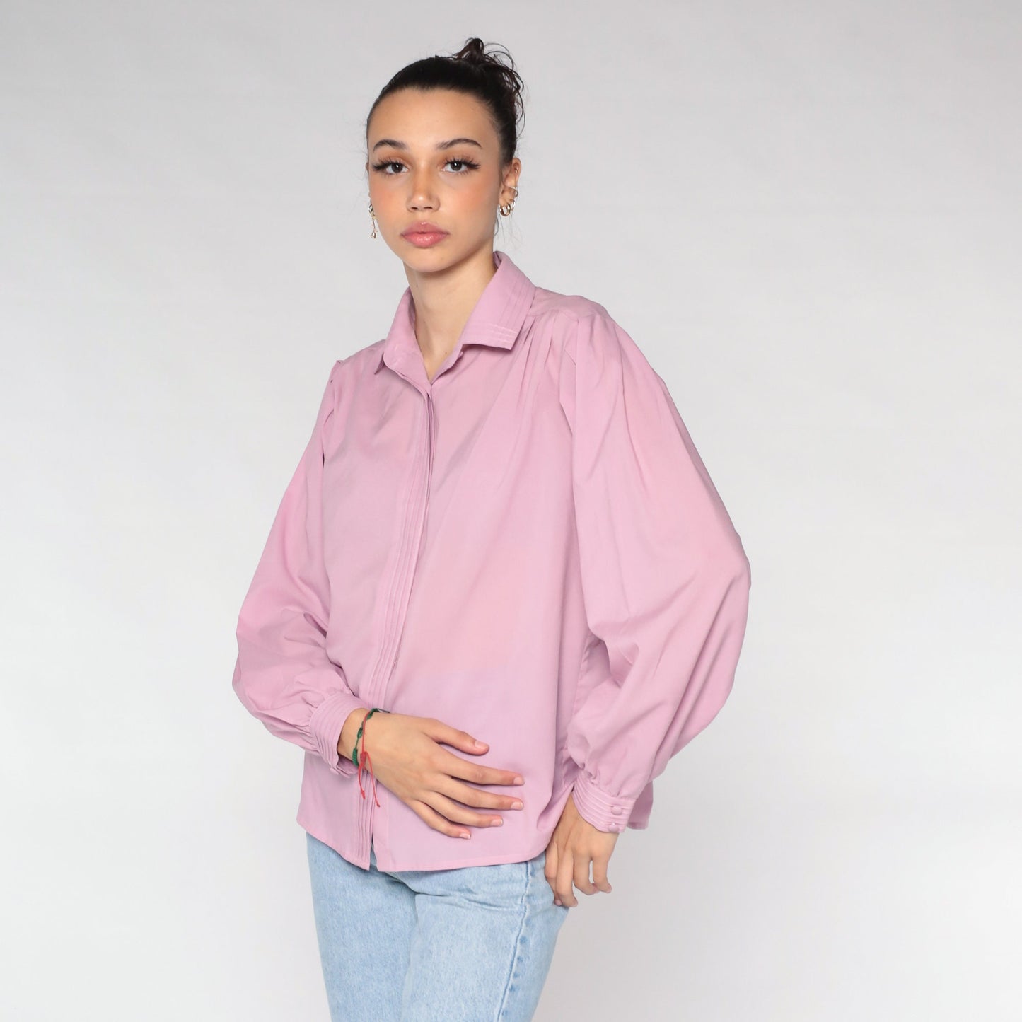 Y2K Pink Blouse Hidden Button Balloon Sleeve Collared Shirt Large L