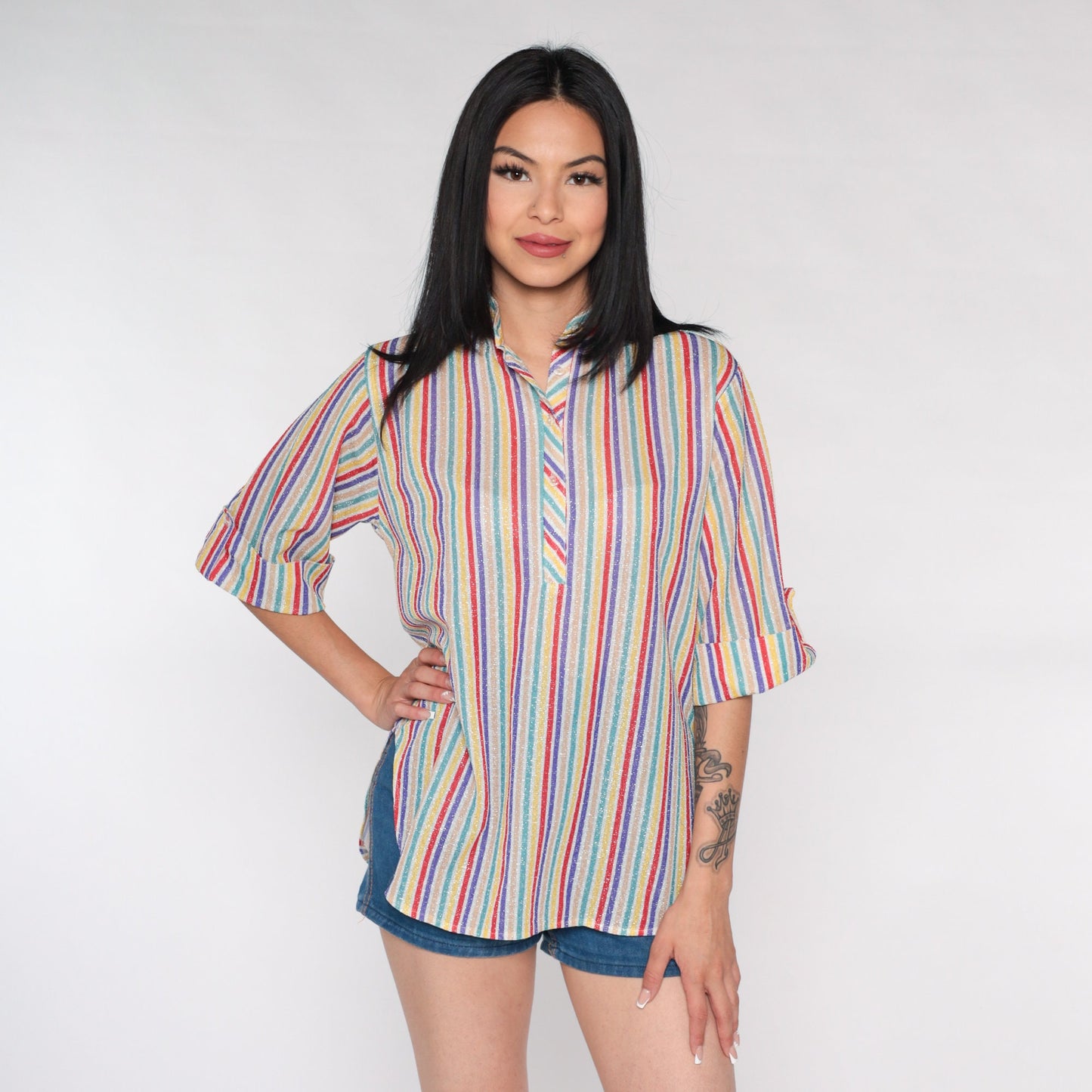 70s Metallic Rainbow Striped Button-Up Blouse 3/4 Sleeve Medium