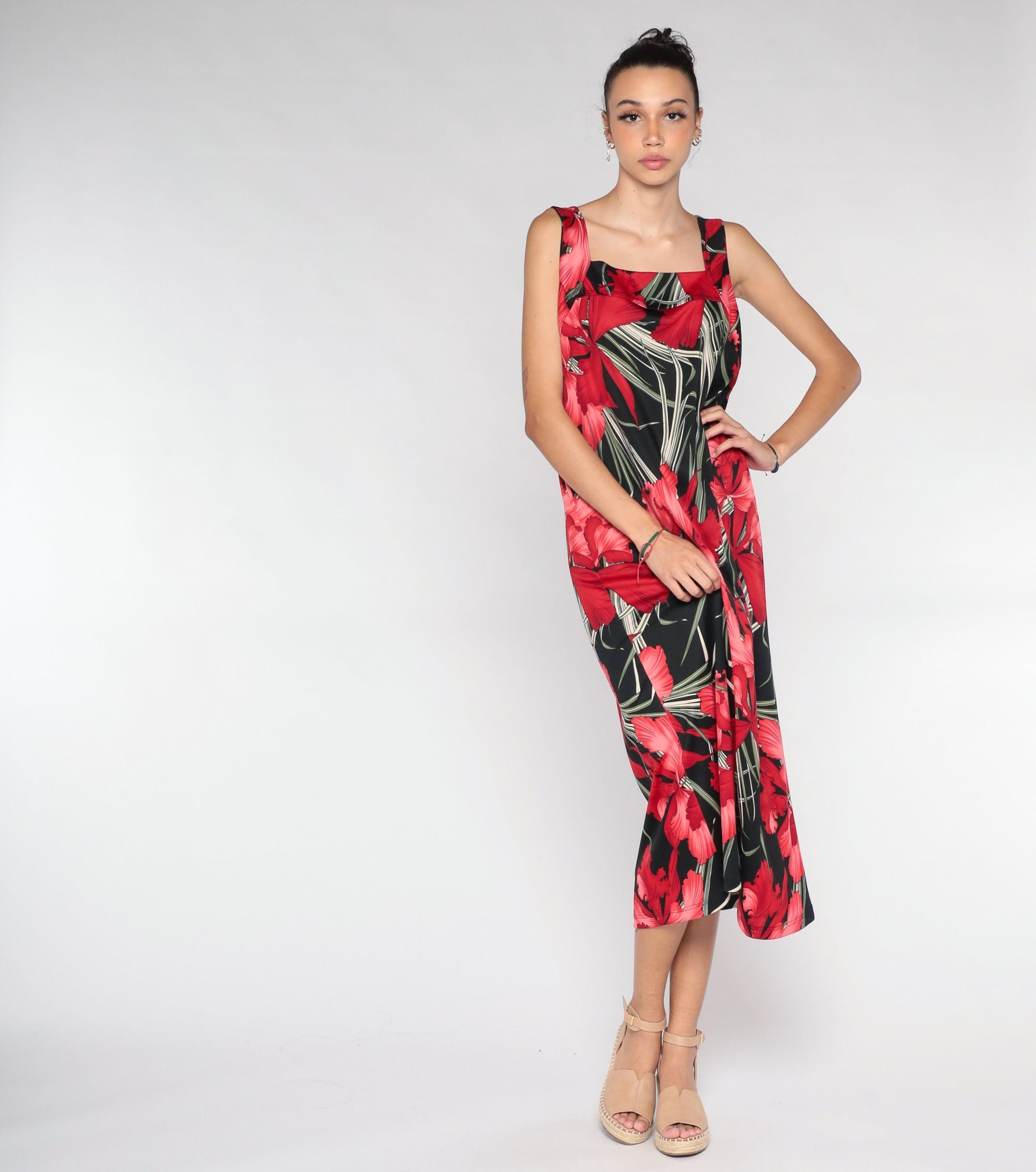 90s Black Floral Midi Dress Orchid Print Sleeveless Extra Large XXL