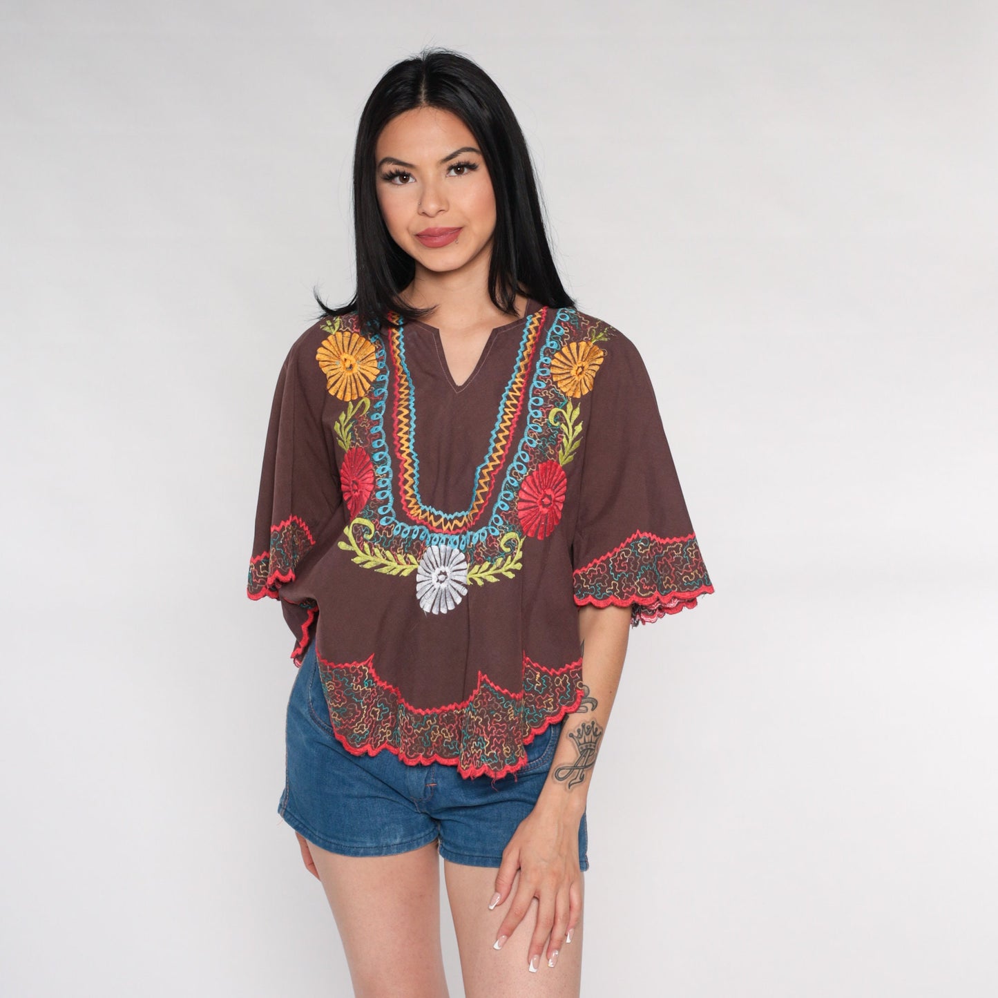 00s Embroidered Floral Bell Sleeve Tunic White Cotton Small