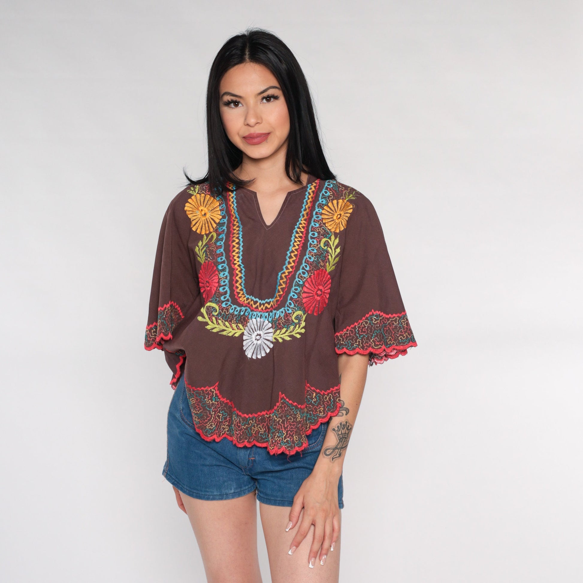 00s Embroidered Floral Bell Sleeve Tunic White Cotton Small