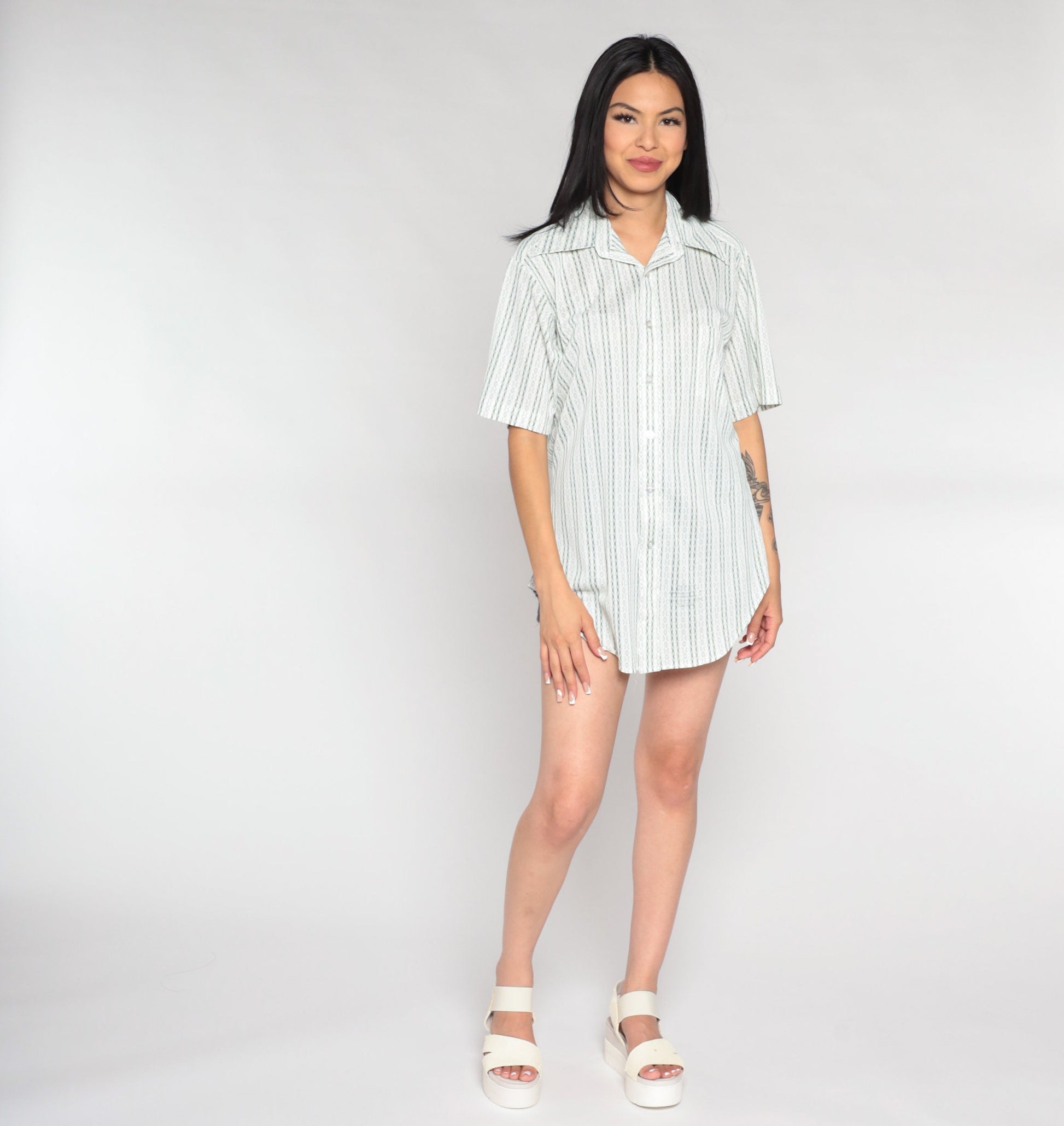 70s Sears White Striped Oxford Button-Up Shirt Green Blue Short Sleeve Medium