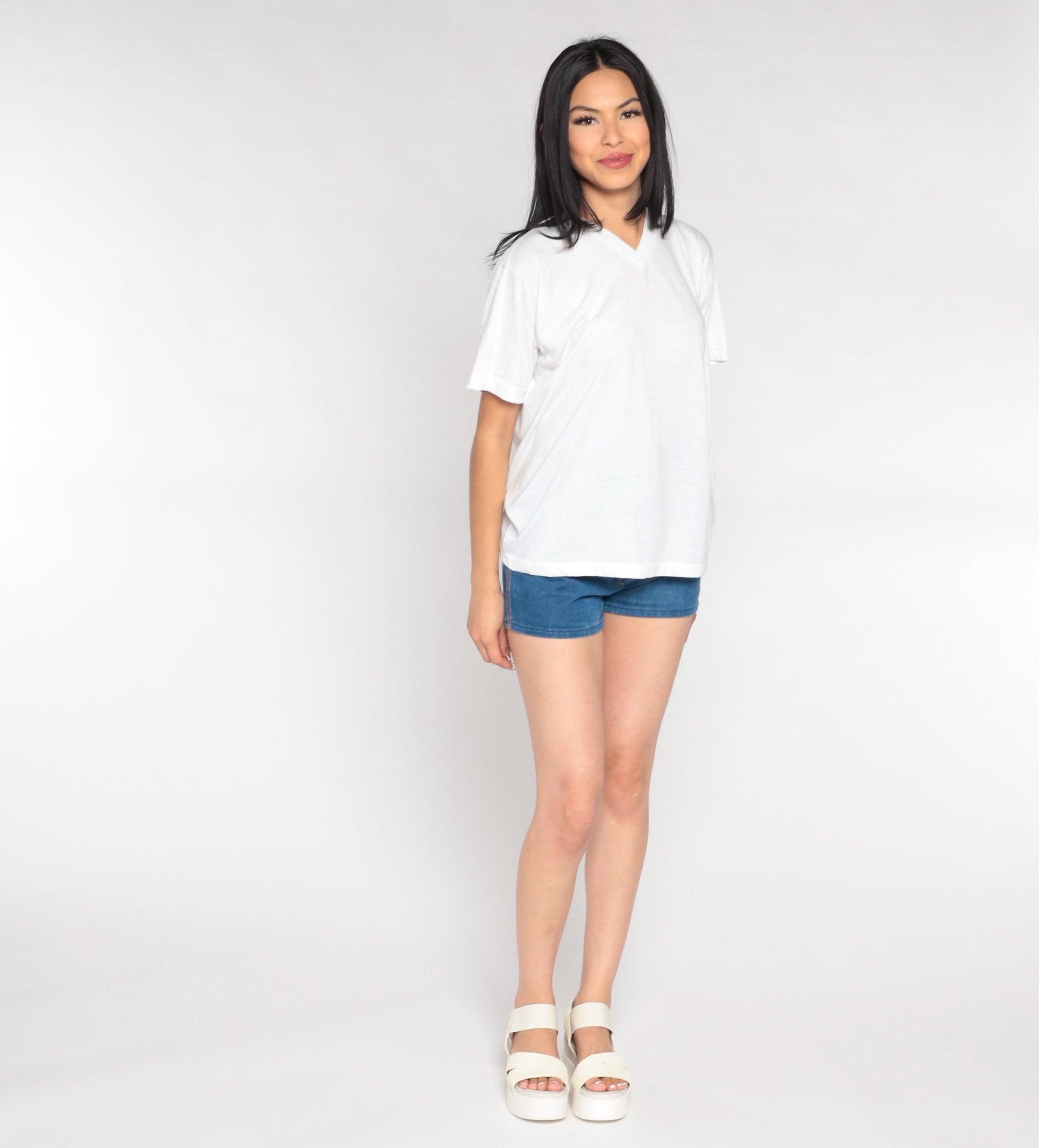 90s White V-Neck T-Shirt Cotton Blend Plain Tee Medium Large