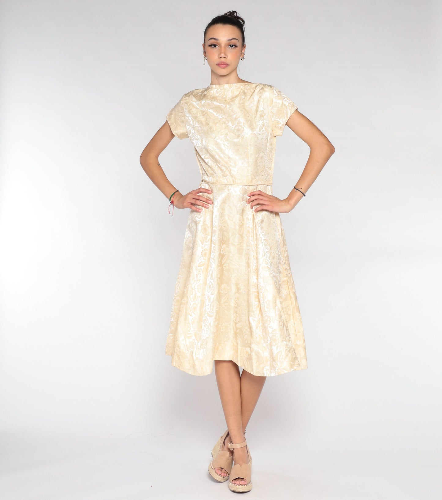 1960s Cream Brocade Floral Midi Dress Cap Sleeve High Waist Small S