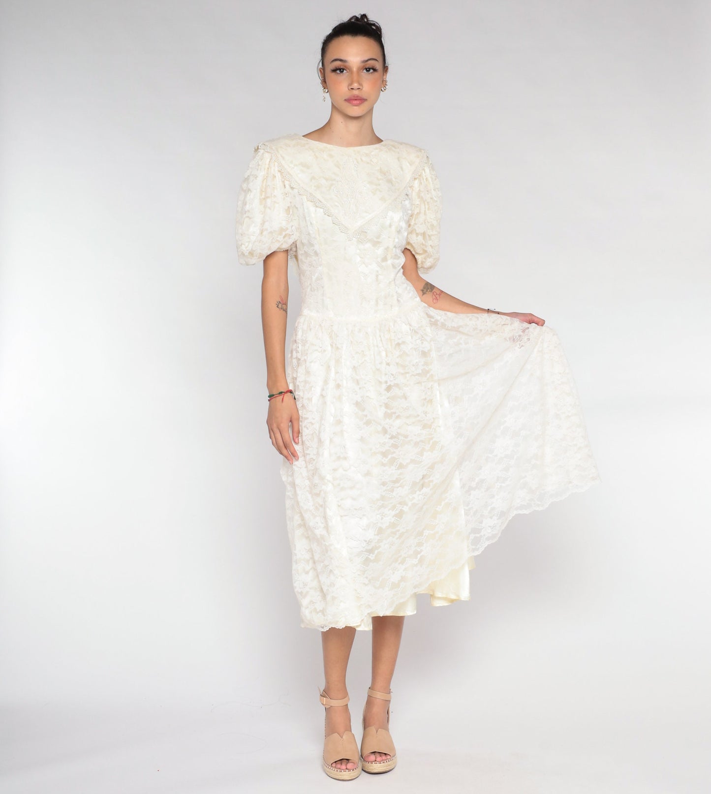 80s Off-White Lace Midi Dress Puff Sleeve Low Back Floral Embroidered Medium