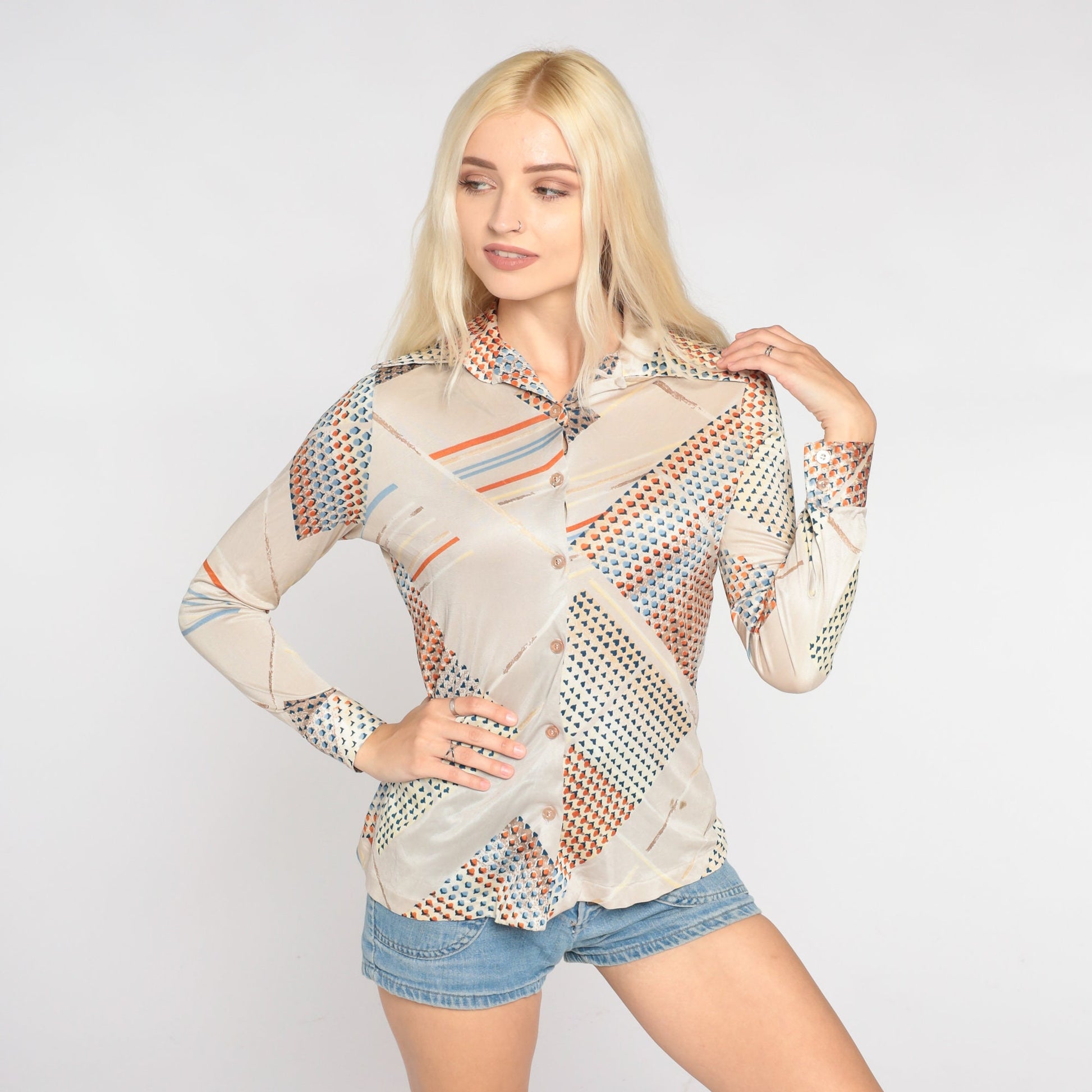 70s Abstract Dot Stripe Button Up Blouse Dagger Collar Beige Blue Orange Extra Small