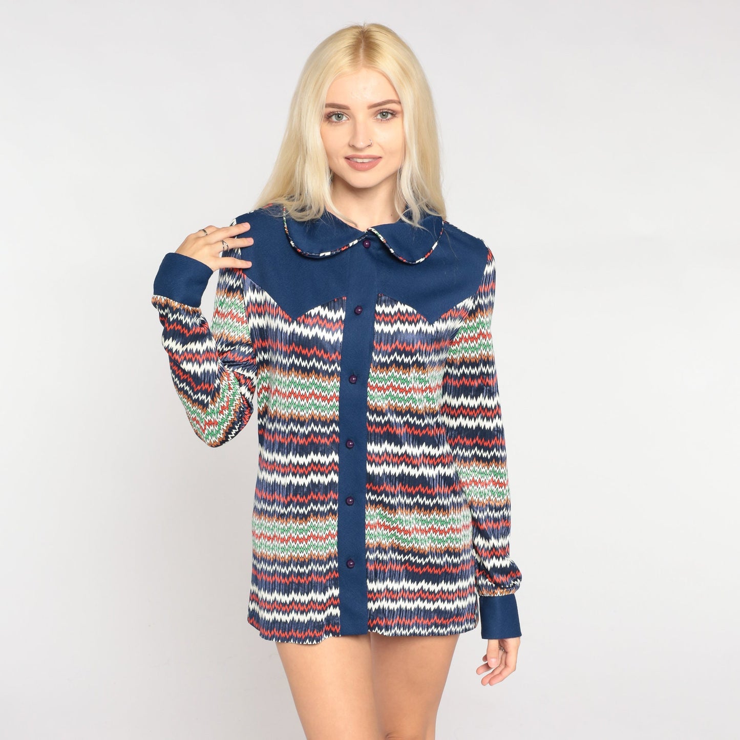 70s Navy Zig Zag Striped Button Up Blouse Peter Pan Collar Long Sleeve Small