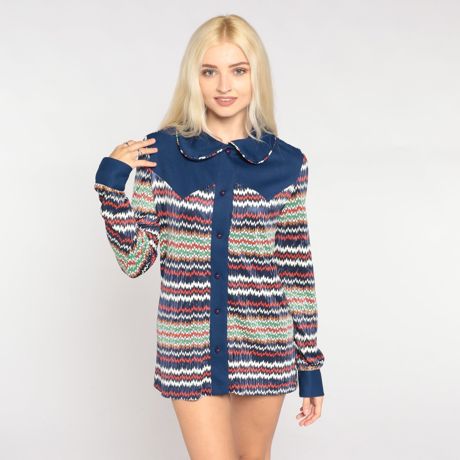 70s Navy Zig Zag Striped Button Up Blouse Peter Pan Collar Long Sleeve Small