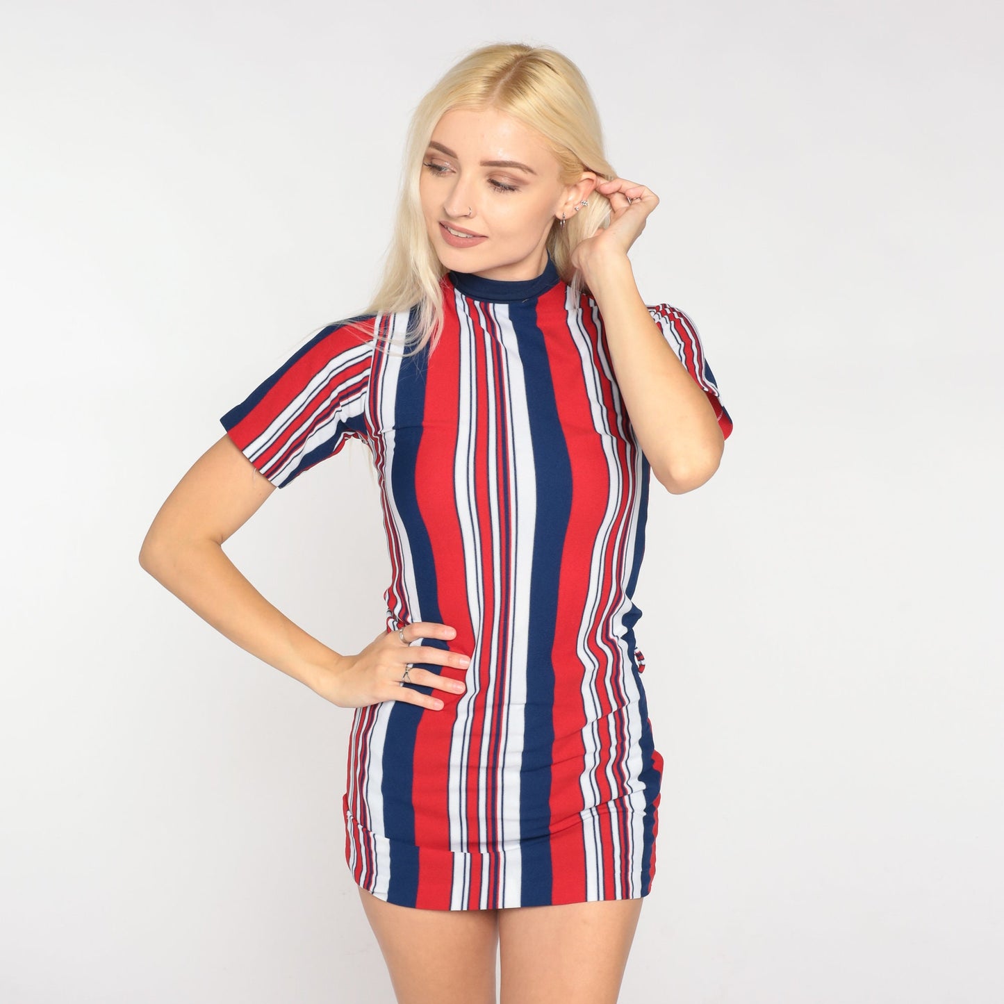 70s Striped Mock Neck Blouse Red White Blue Short Sleeve XXS