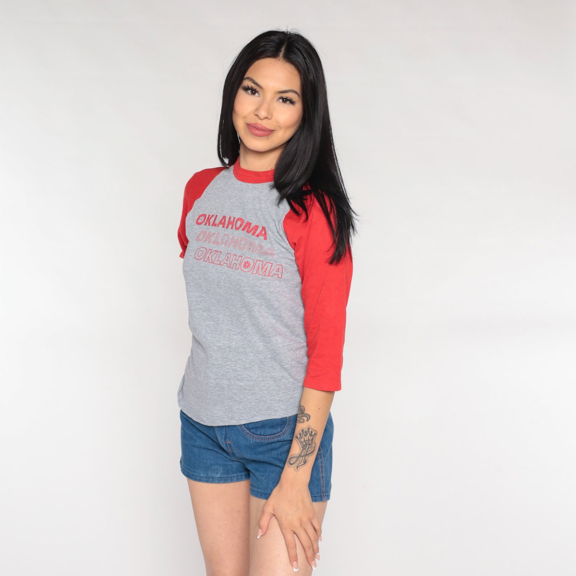 80s Oklahoma Ringer Tee Graphic T-Shirt Red Trim Raglan Small