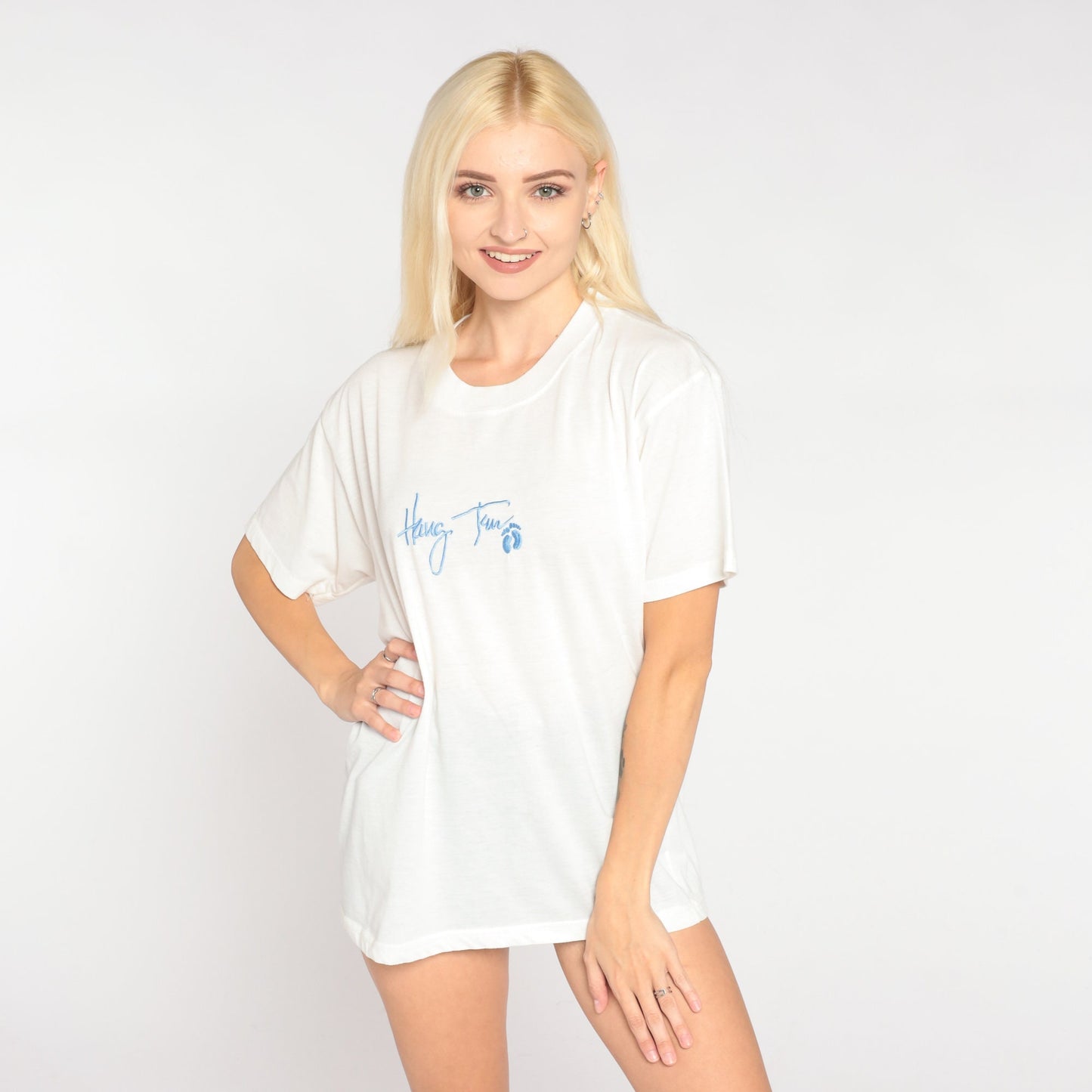 90s Hang Ten Embroidered Logo T-Shirt White Baby Blue Single Stitch Medium Large