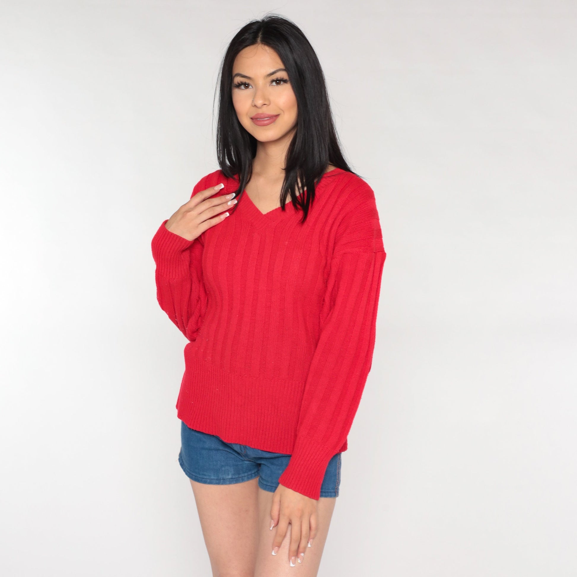 80s Red Acrylic Knit V-Neck Pullover Sweater Large