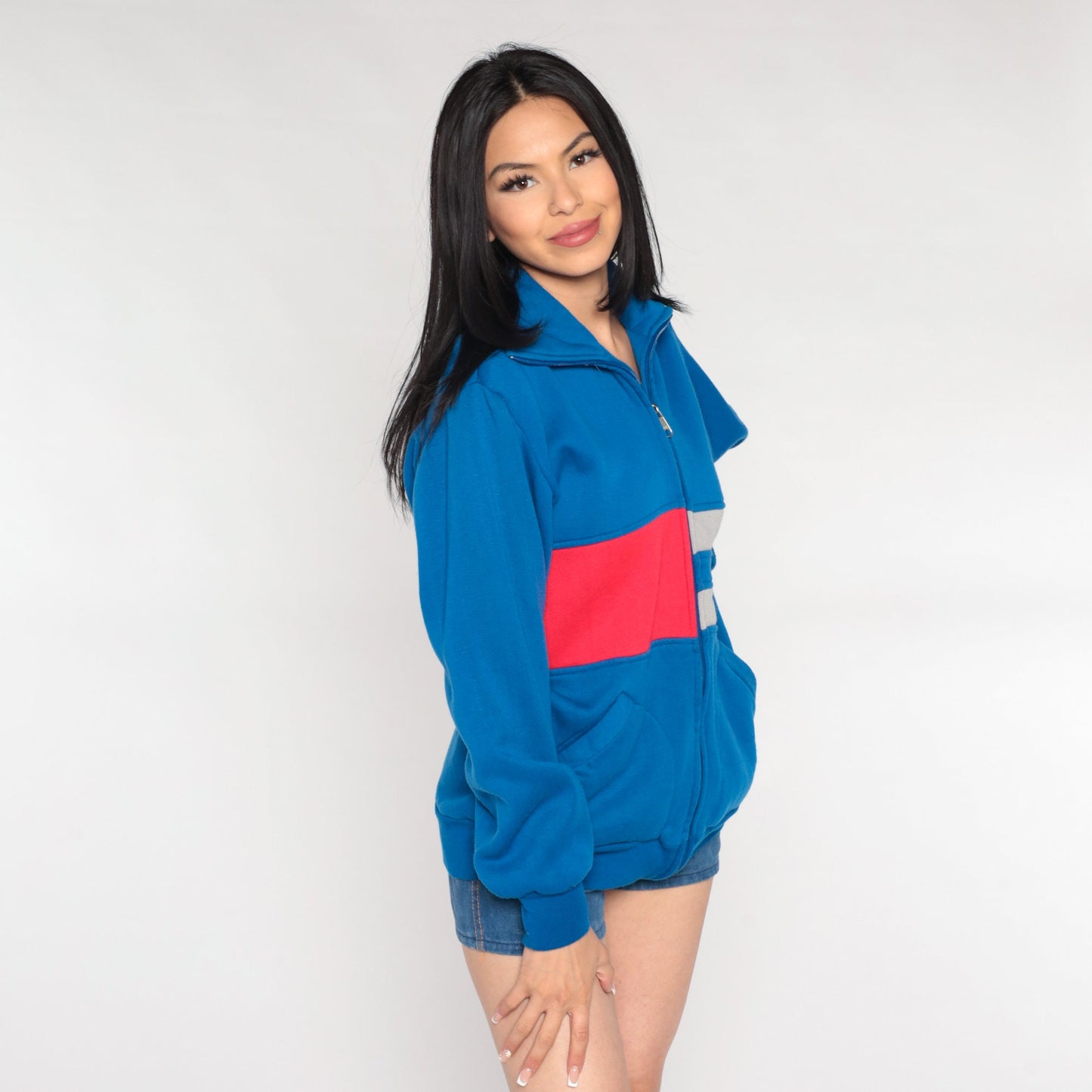 80s Royal Blue Track Jacket Red Grey Striped Zip Sweatshirt Medium